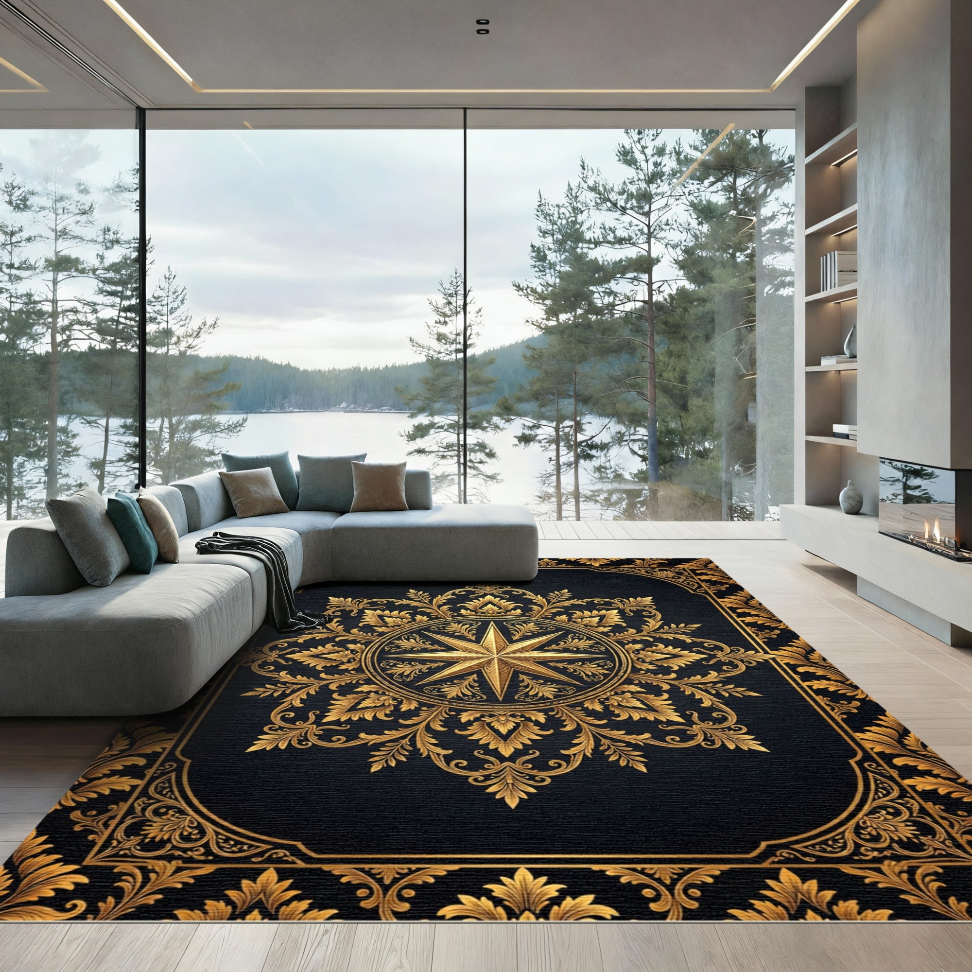 Ornate Gold Starburst Mandala Rug