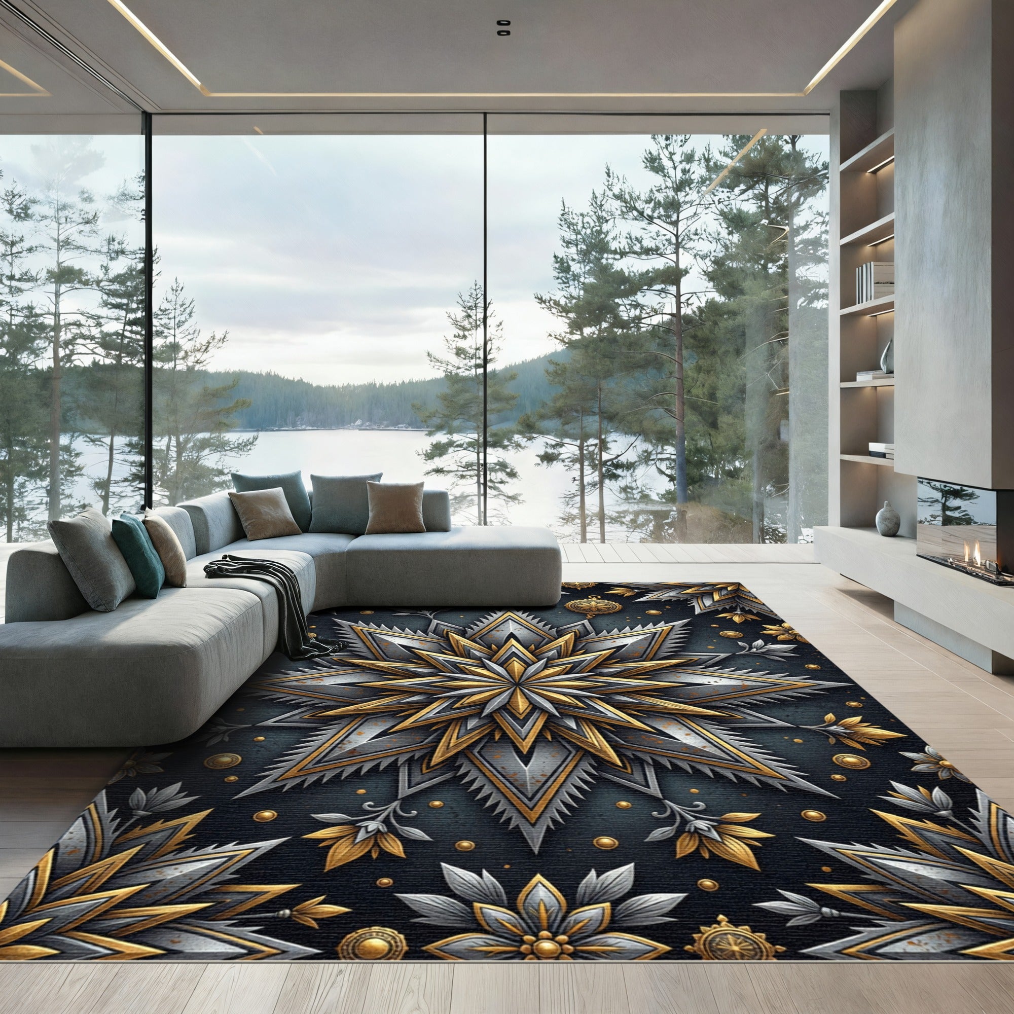 Metallic Gold and Silver Starburst Medallion Rug