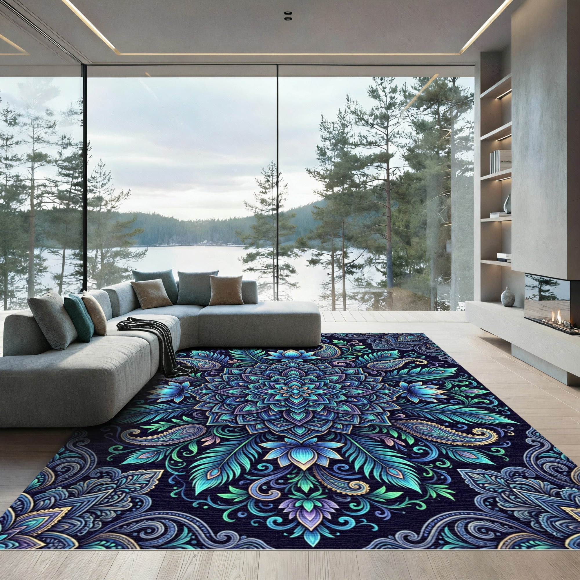 Peacock Teal Lotus Paisley Medallion Rug