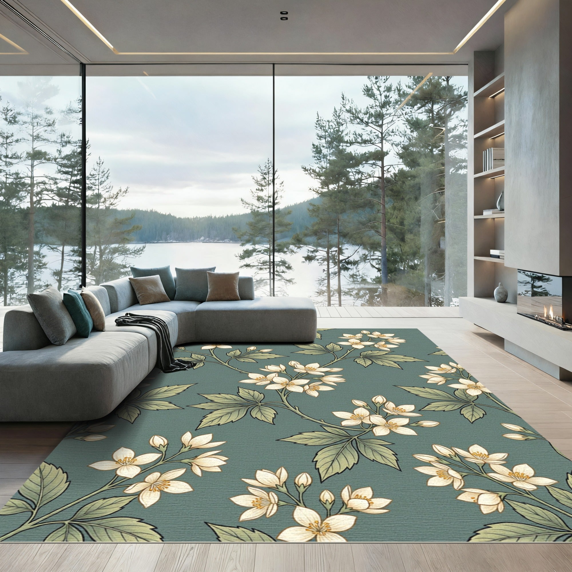 Elegant Sage Botanical Jasmine Blossom Rug