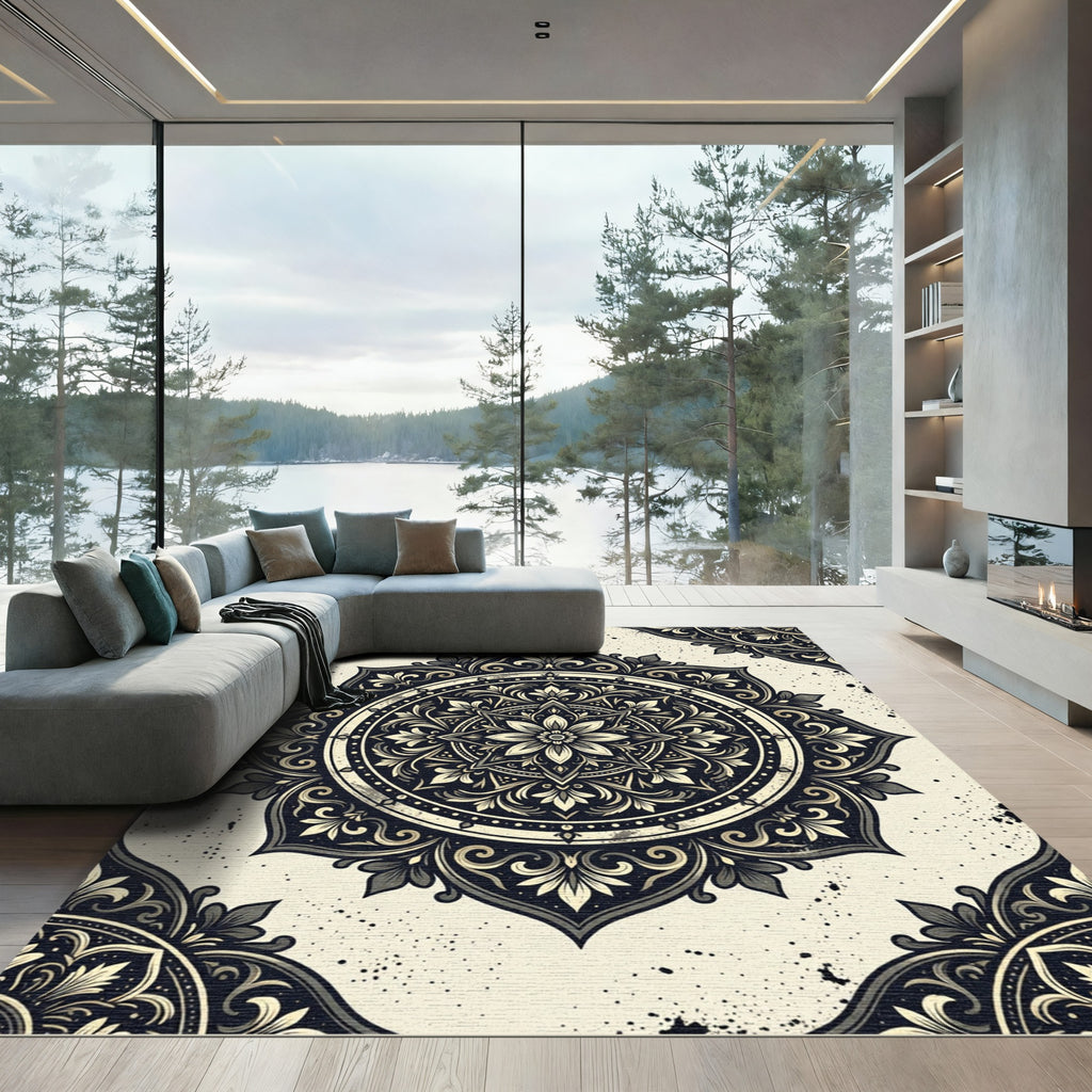 Ornate Black Floral Mandala Medallion Rug
