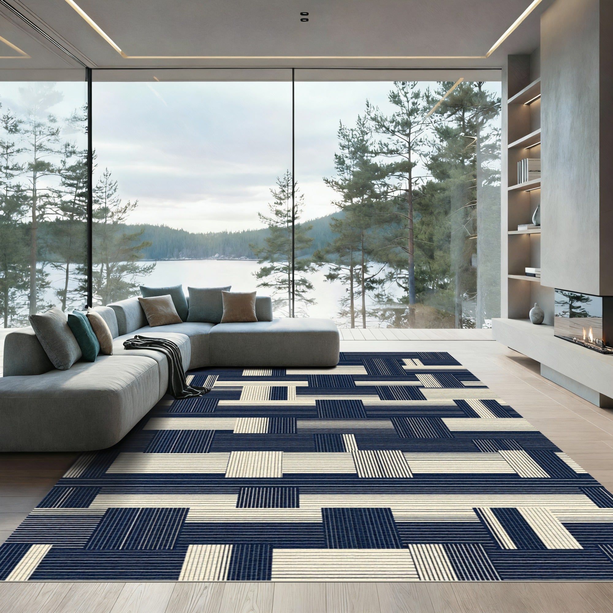 Modern Navy and Cream Woven Grid Rug