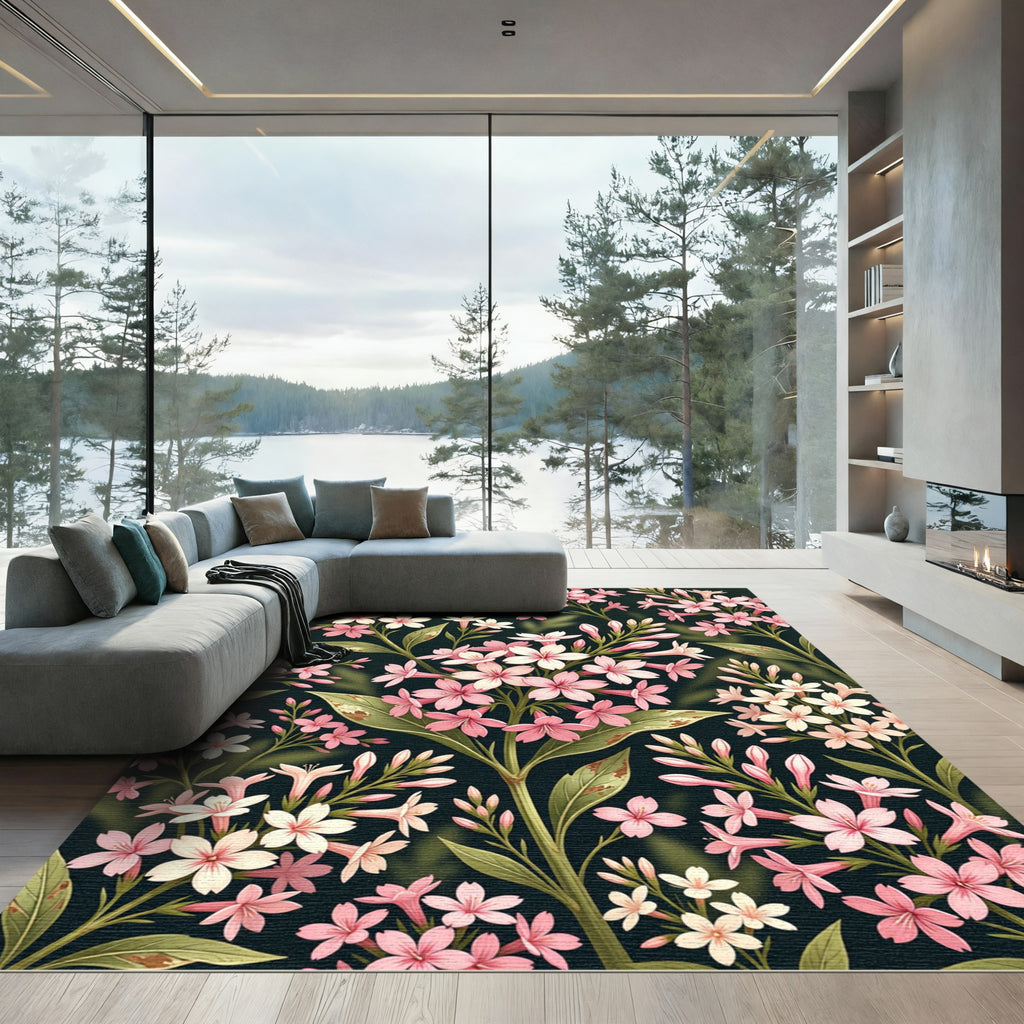 Elegant Pink Blossom Floral Dark Garden Rug