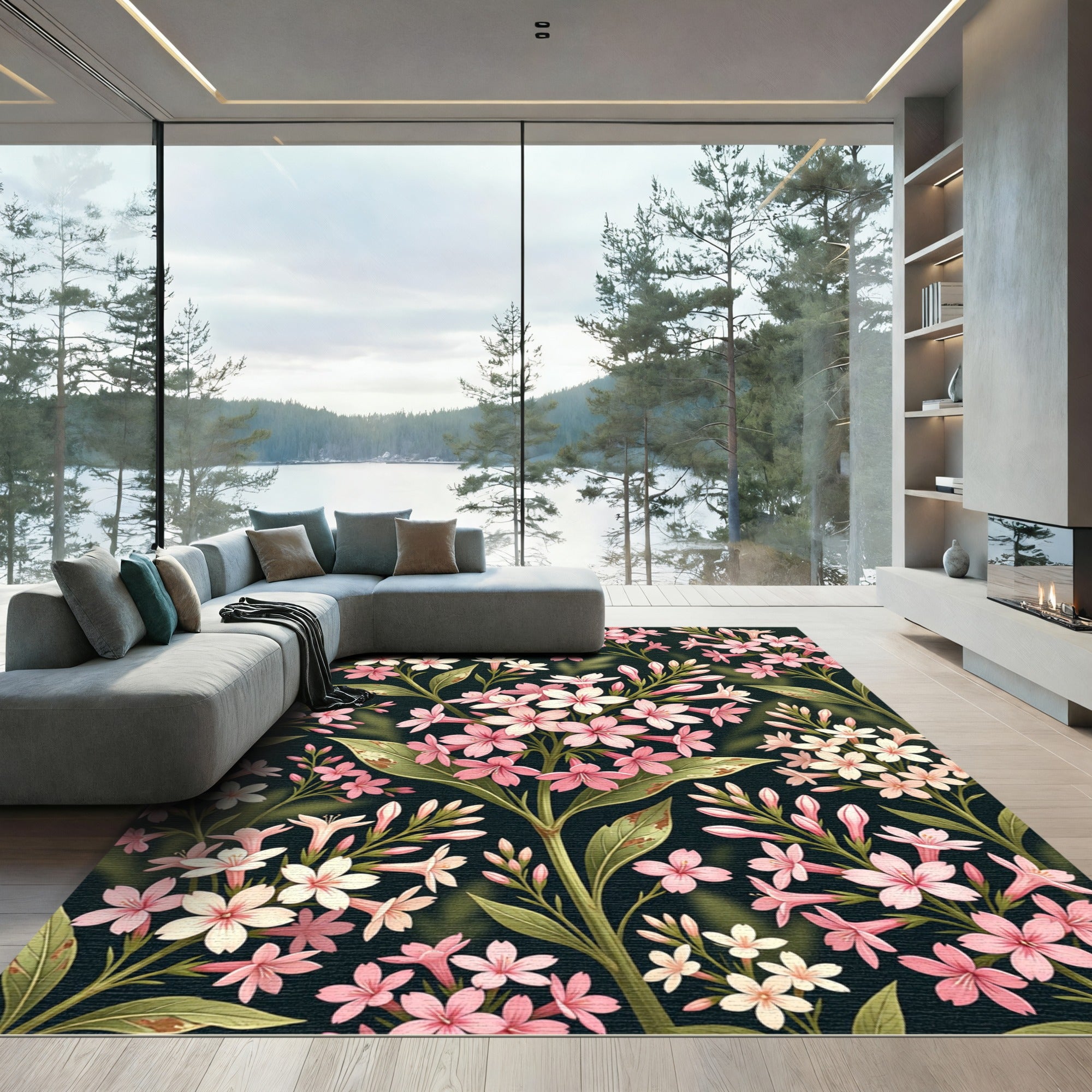 Elegant Pink Blossom Floral Dark Garden Rug
