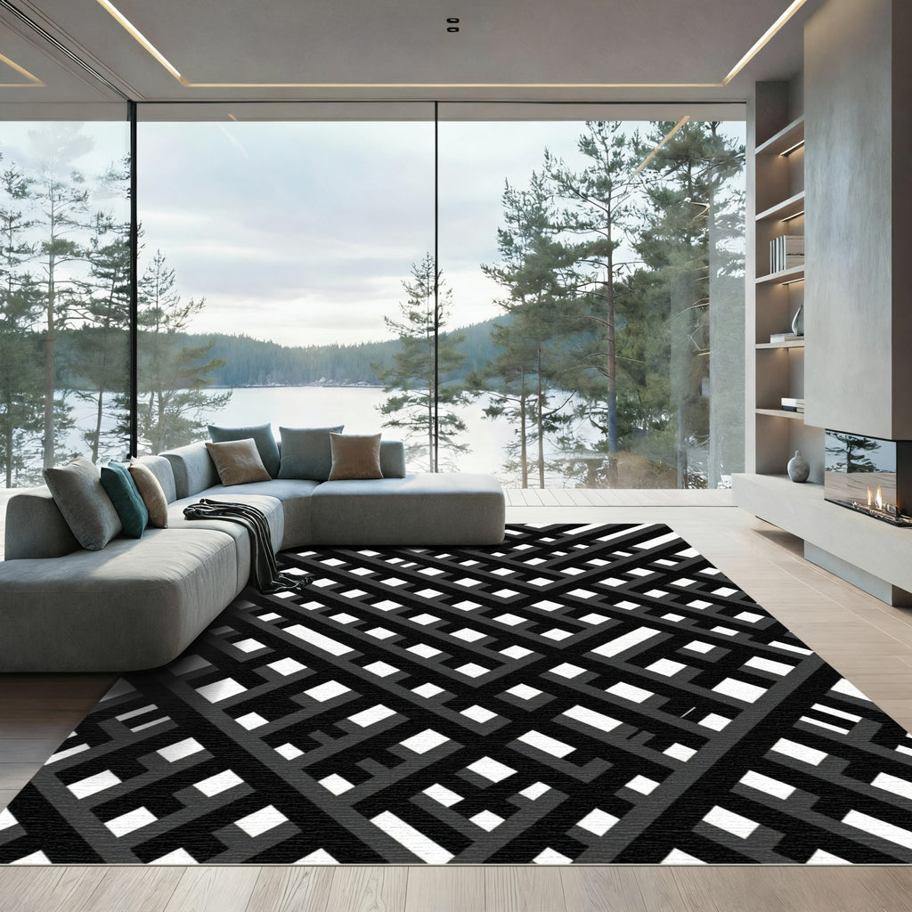 Modern Black White Interlocking Lines Rug