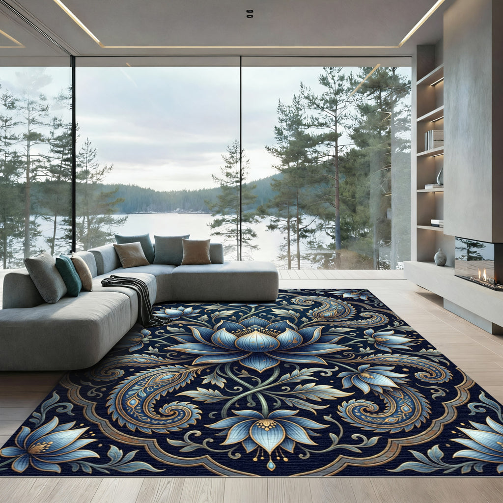 Navy Blue Lotus Floral Paisley Art Rug