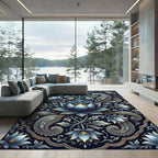 Navy Blue Lotus Floral Paisley Art Rug