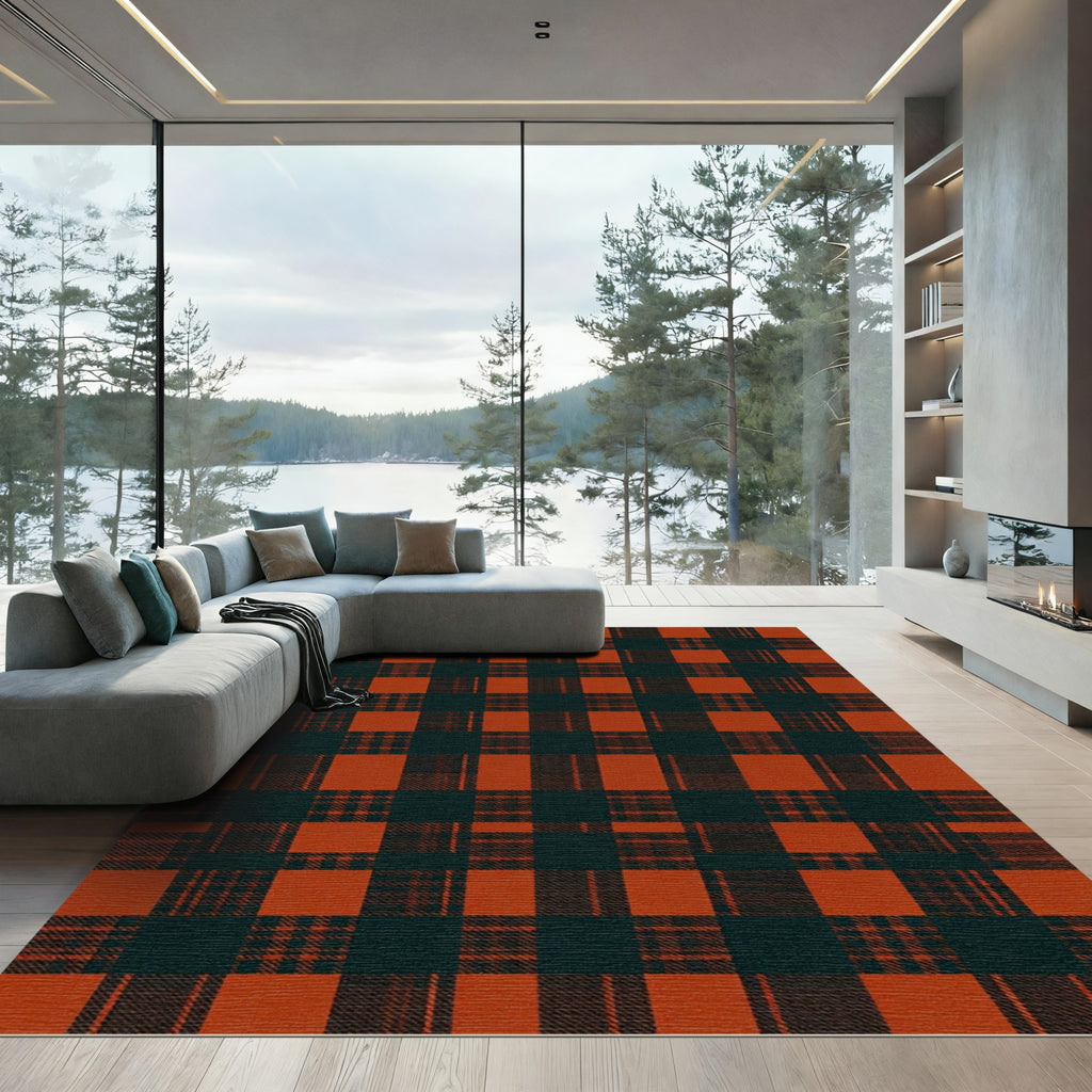 Rustic Orange Black Buffalo Check Rug
