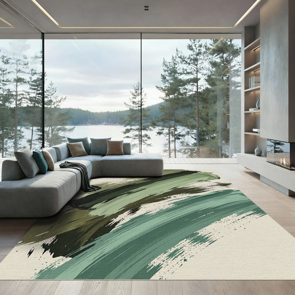 Abstract Sage and Dark Olive Strokes Rug