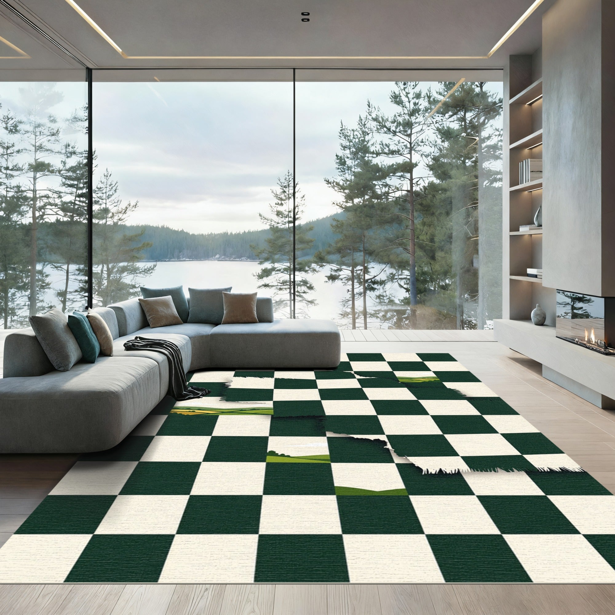 Forest Landscape Checkerboard Tattered Green Rug