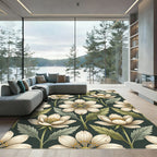 Elegant Cream Anemone Botanical Dark Sage Rug