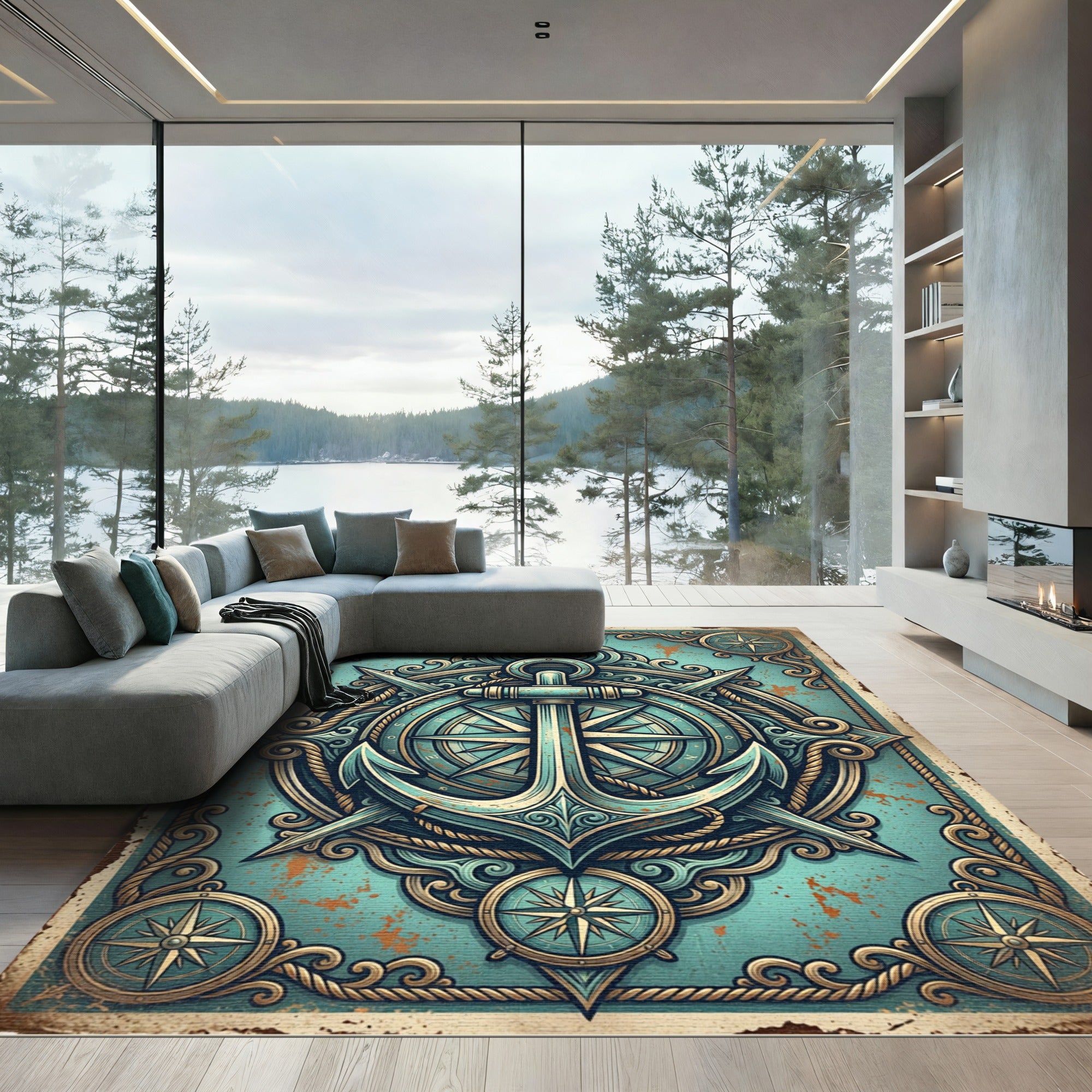 Vintage Nautical Anchor Compass Teal Decor Rug