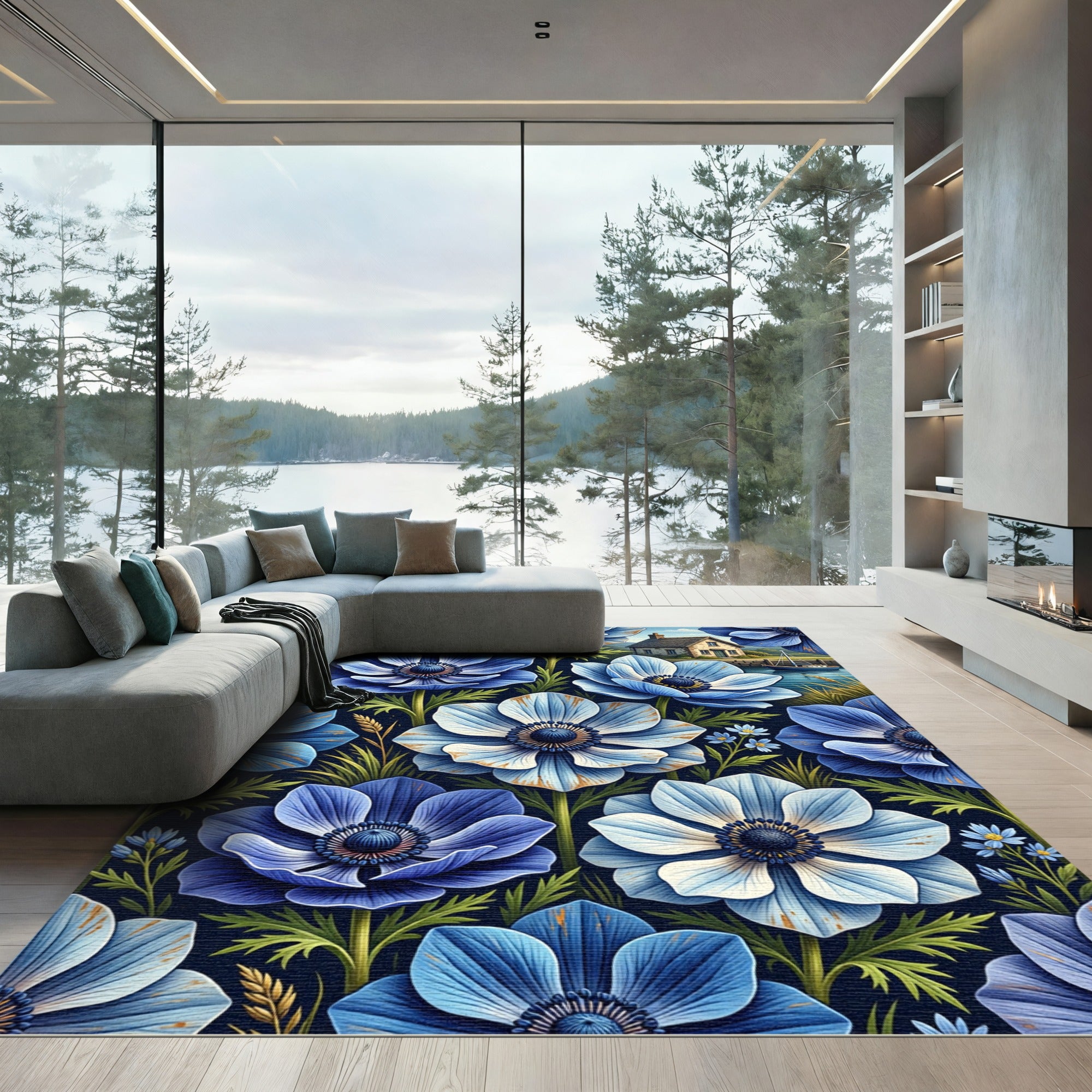 Blue Anemone Floral Coastal Meadow Rug