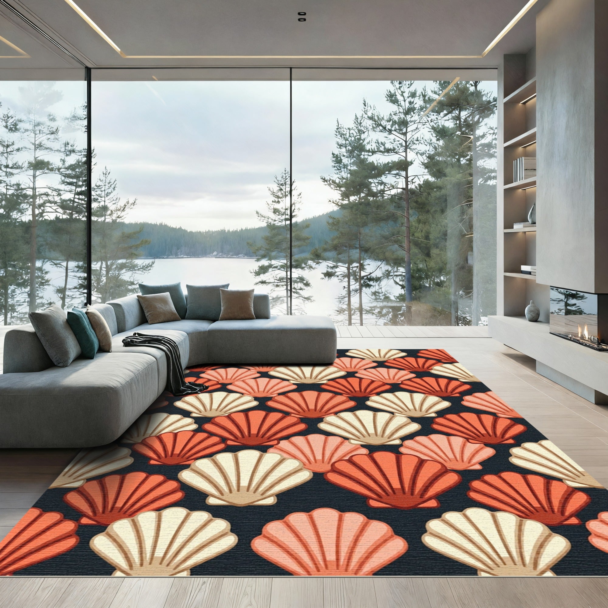 Coral and Cream Scallop Shell Tile Rug