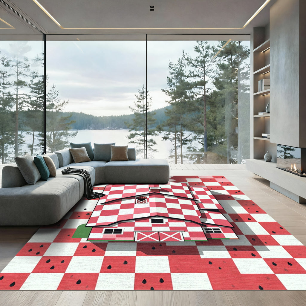Red White Checkered Barn Motif Rug