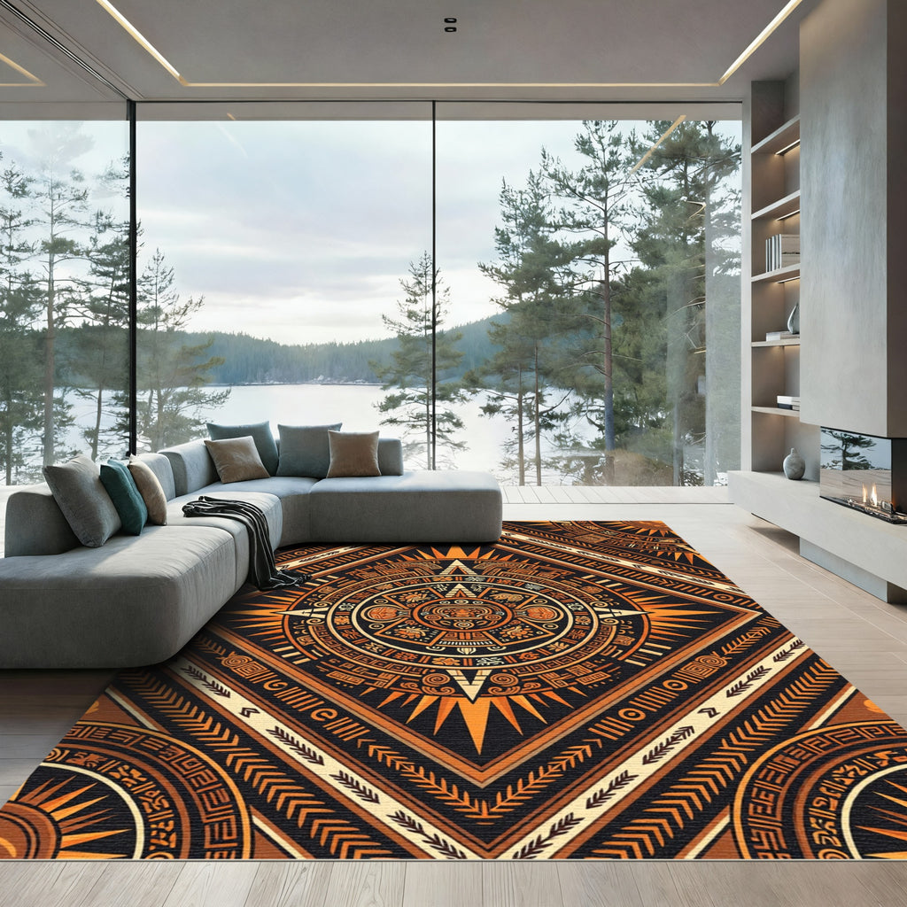 Aztec Sun Orange Geometric Diamond Rug