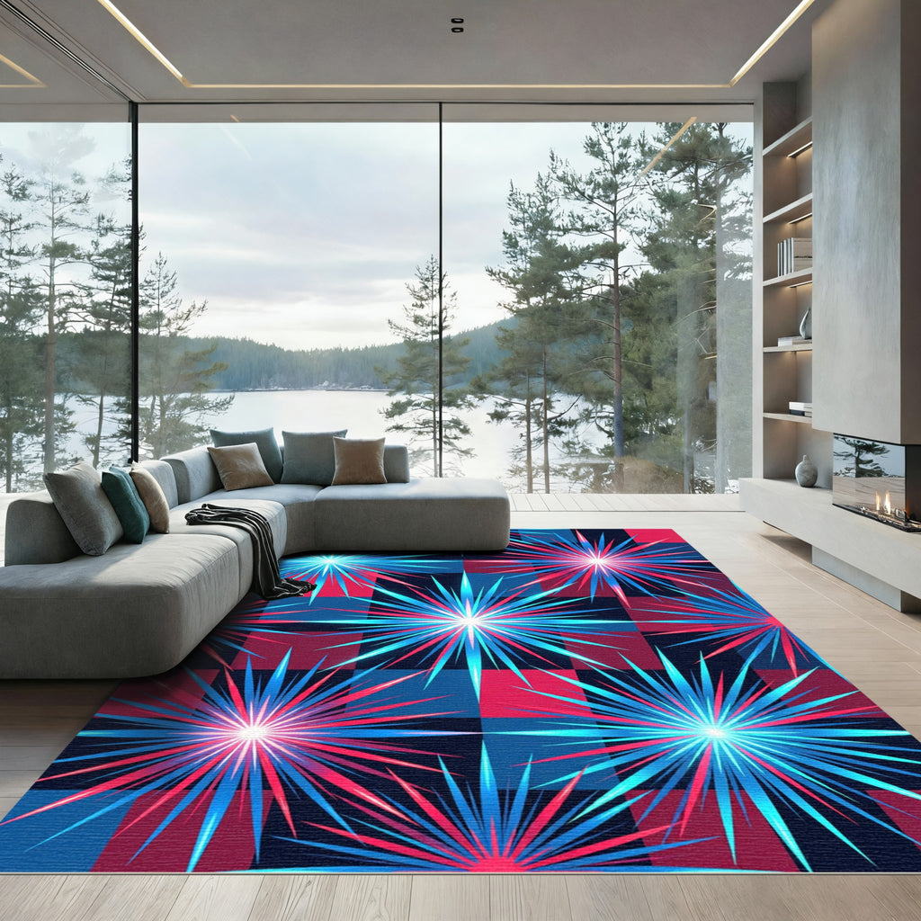 Vibrant Neon Starburst Checkered Art Rug