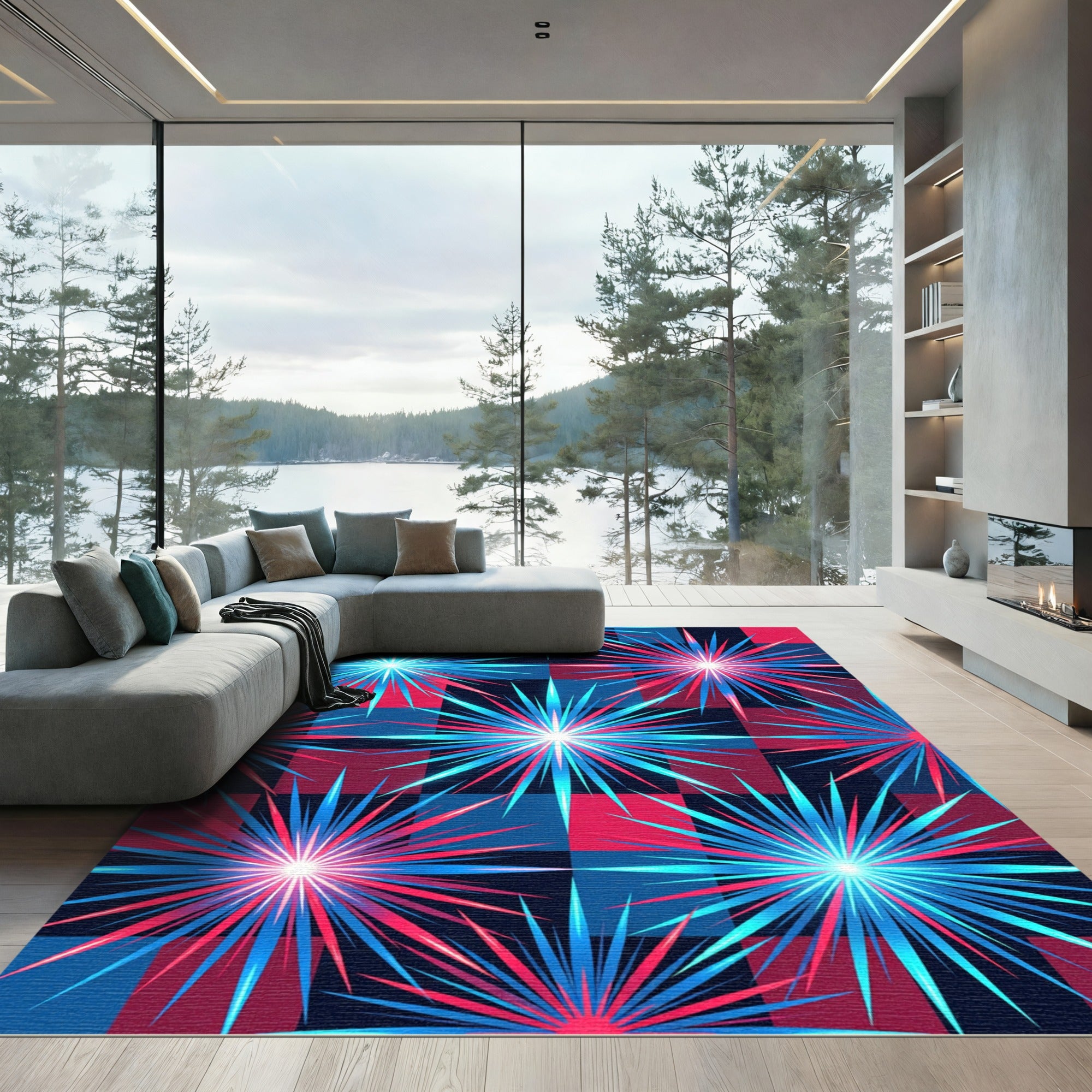 Vibrant Neon Starburst Checkered Art Rug