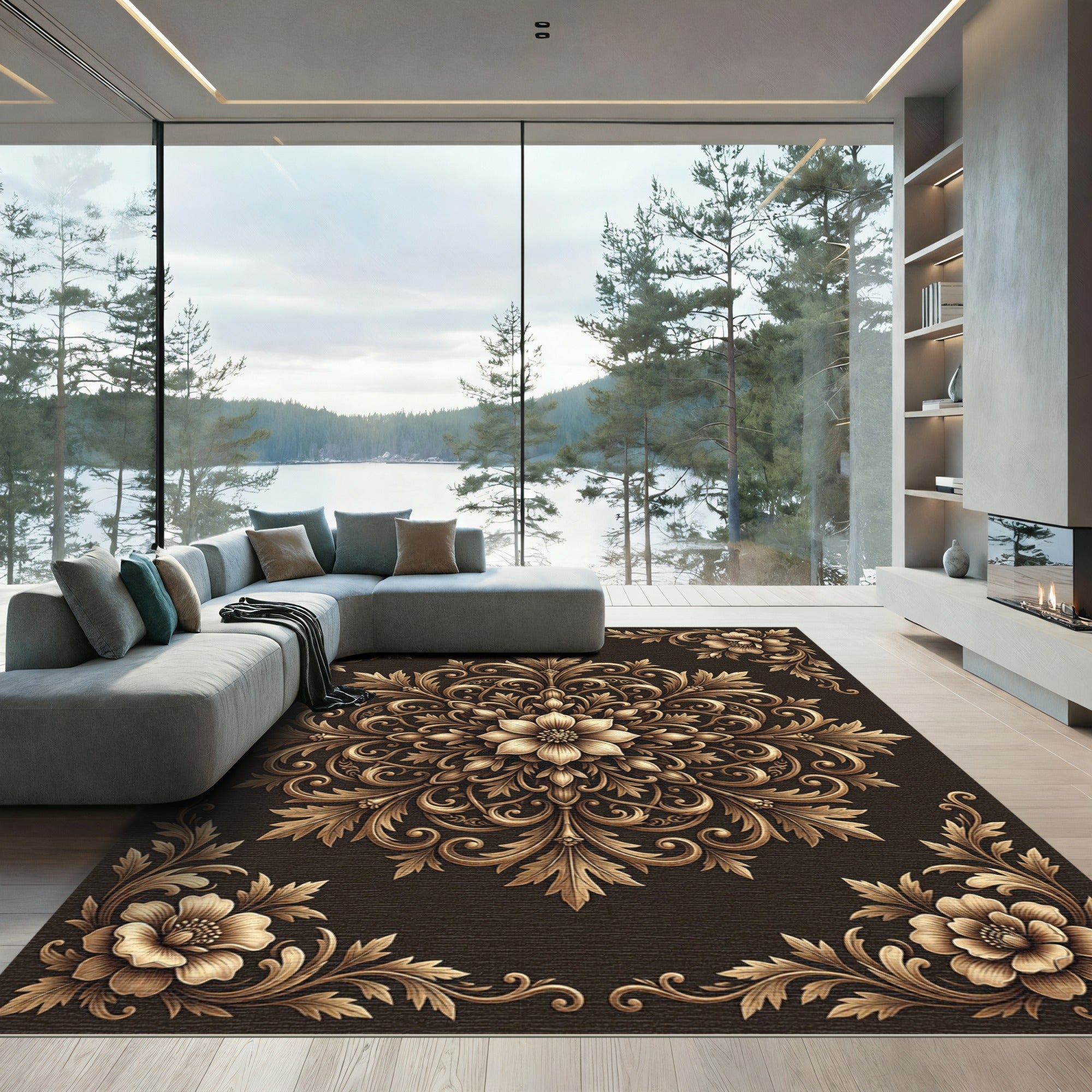 Gilded Floral Scrollwork Composition Rug