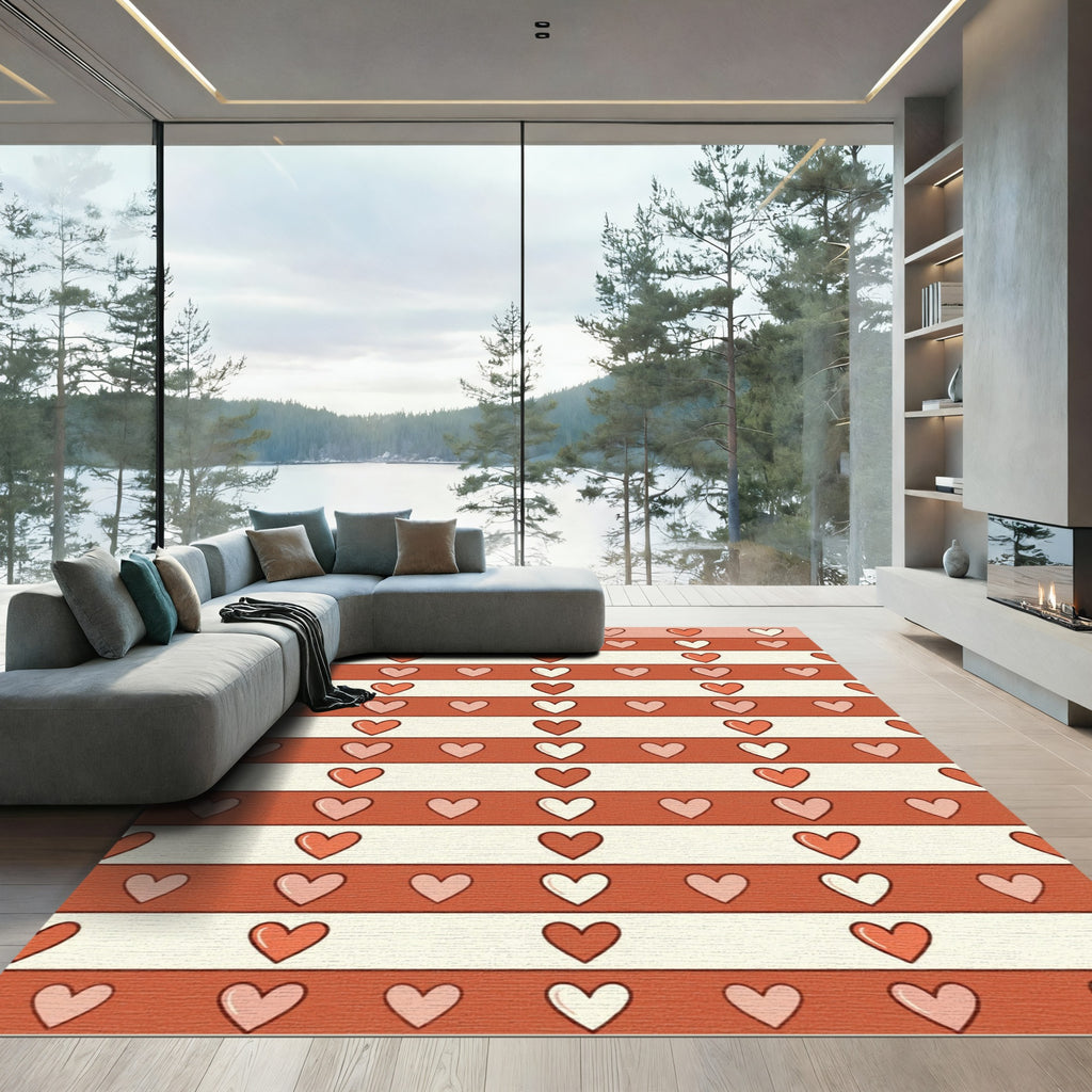 Retro Hearts Stripes Cream Coral Rug