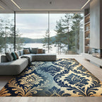 Navy Blue Damask Ornate Scroll Rug
