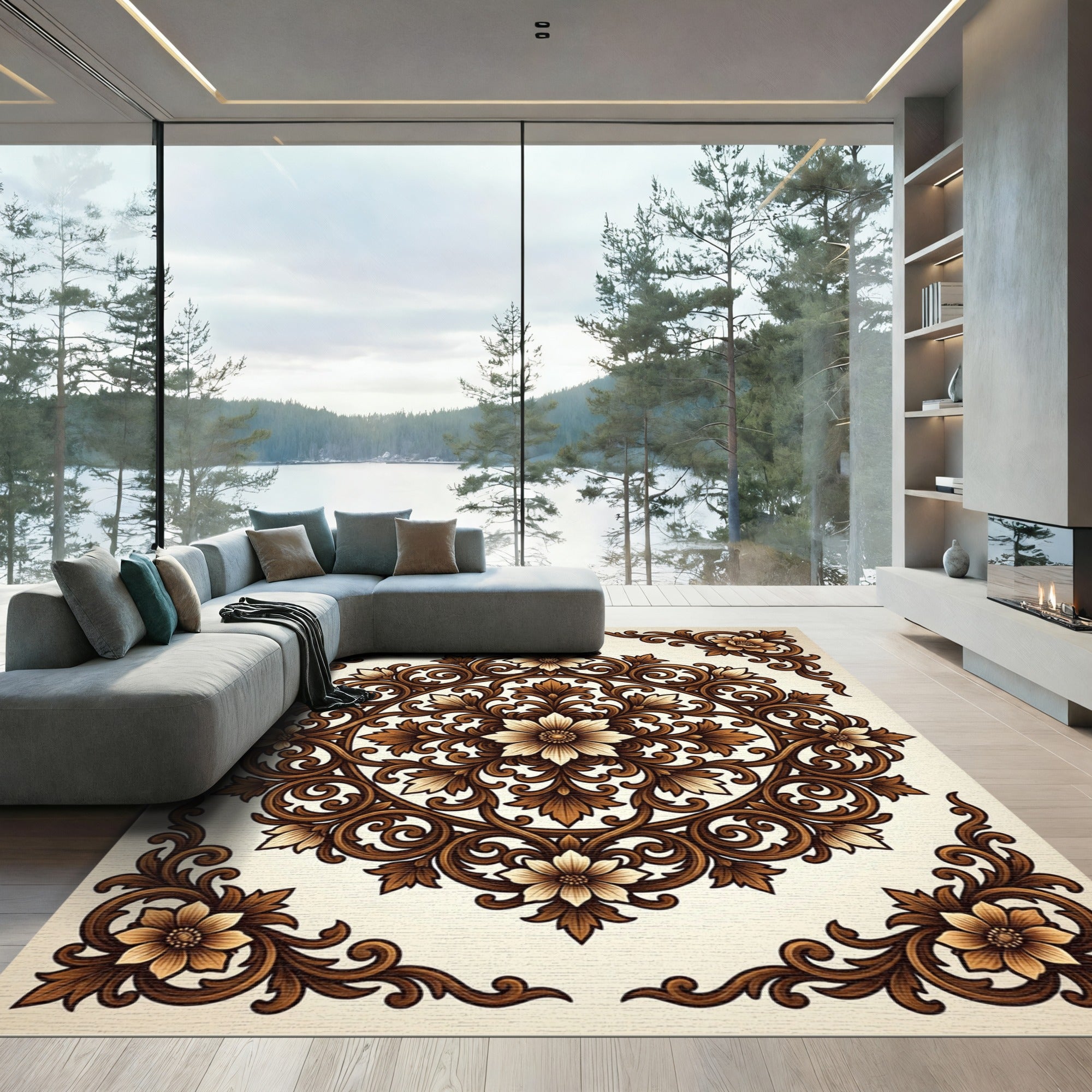 Elegant Brown Floral Filigree Medallion Rug