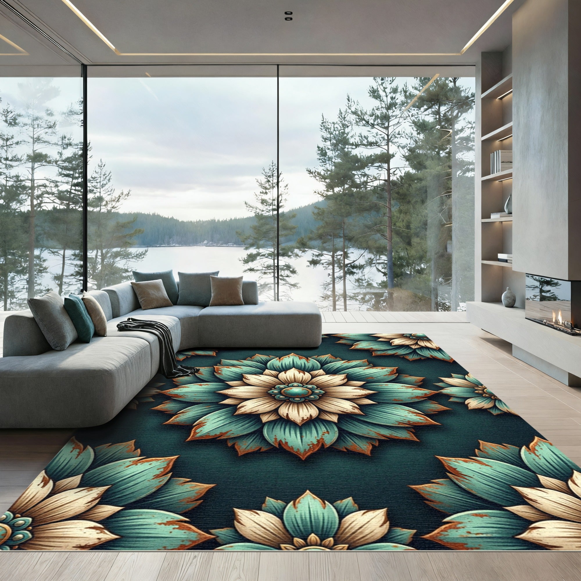 Distressed Teal Cream Floral Lotus Rug