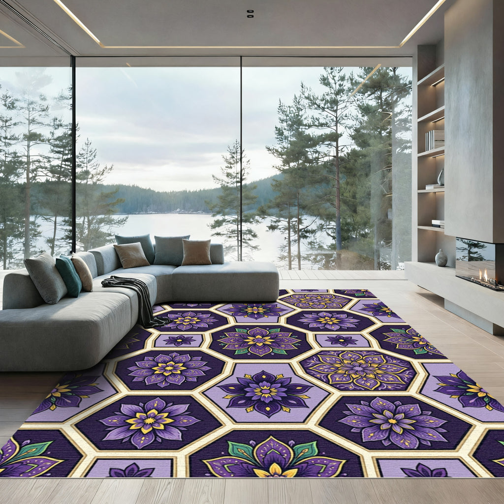 Purple Gold Hexagon Floral Medallion Rug