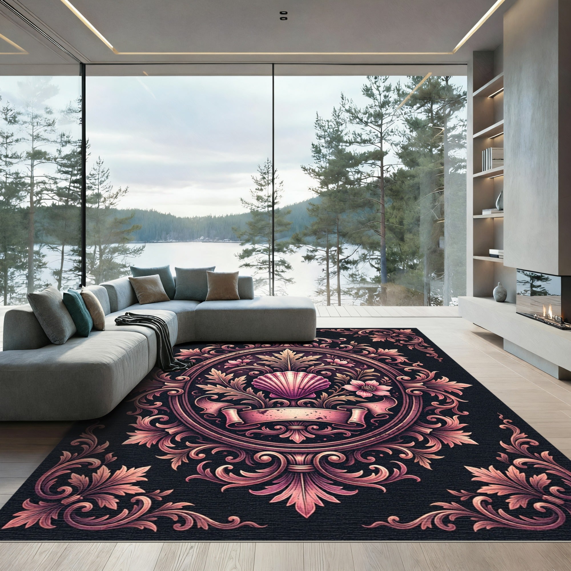 Elegant Blush Shell Baroque Medallion Rug