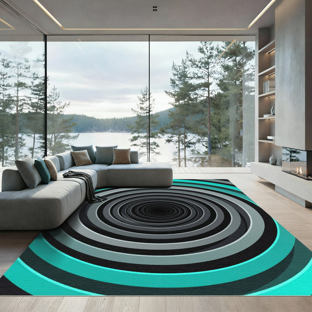 Modern Cyan and Gray Vortex Tunnel Rug