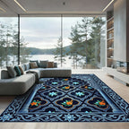 Deep Navy Arabesque Floral Arches Rug