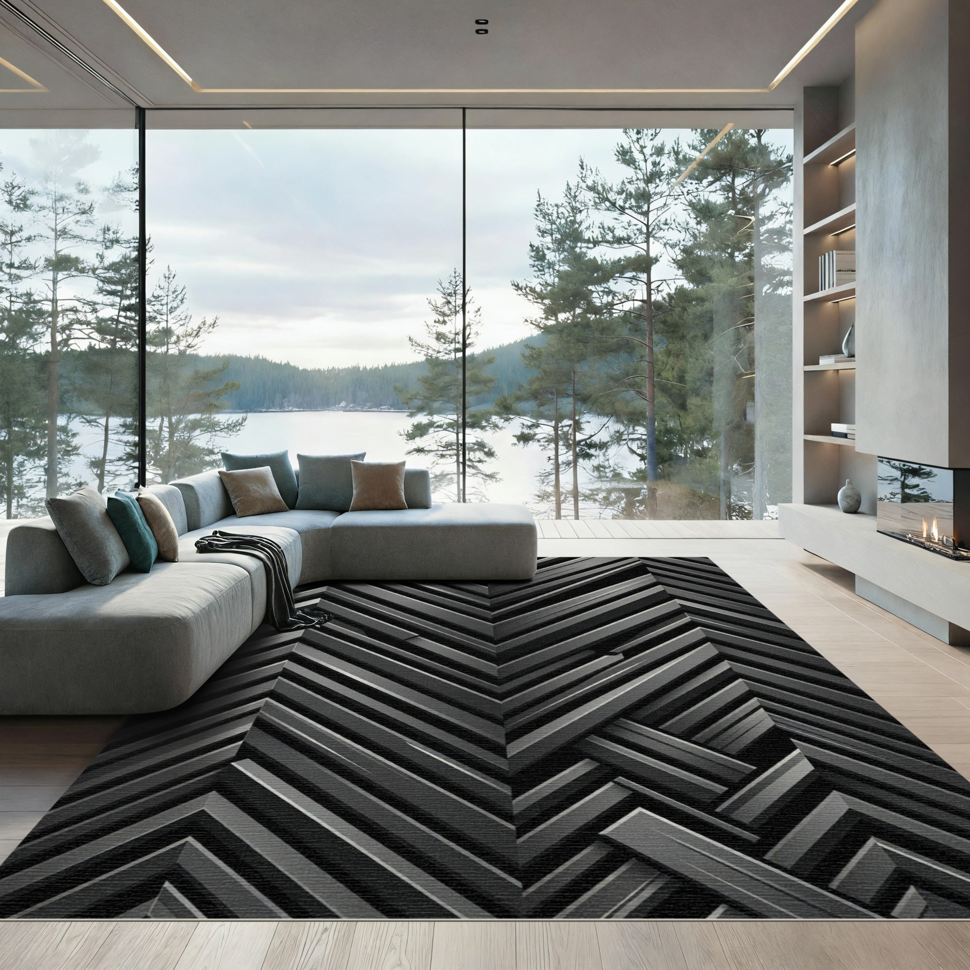 Modern Charcoal Chevron Geometric Abstract Rug