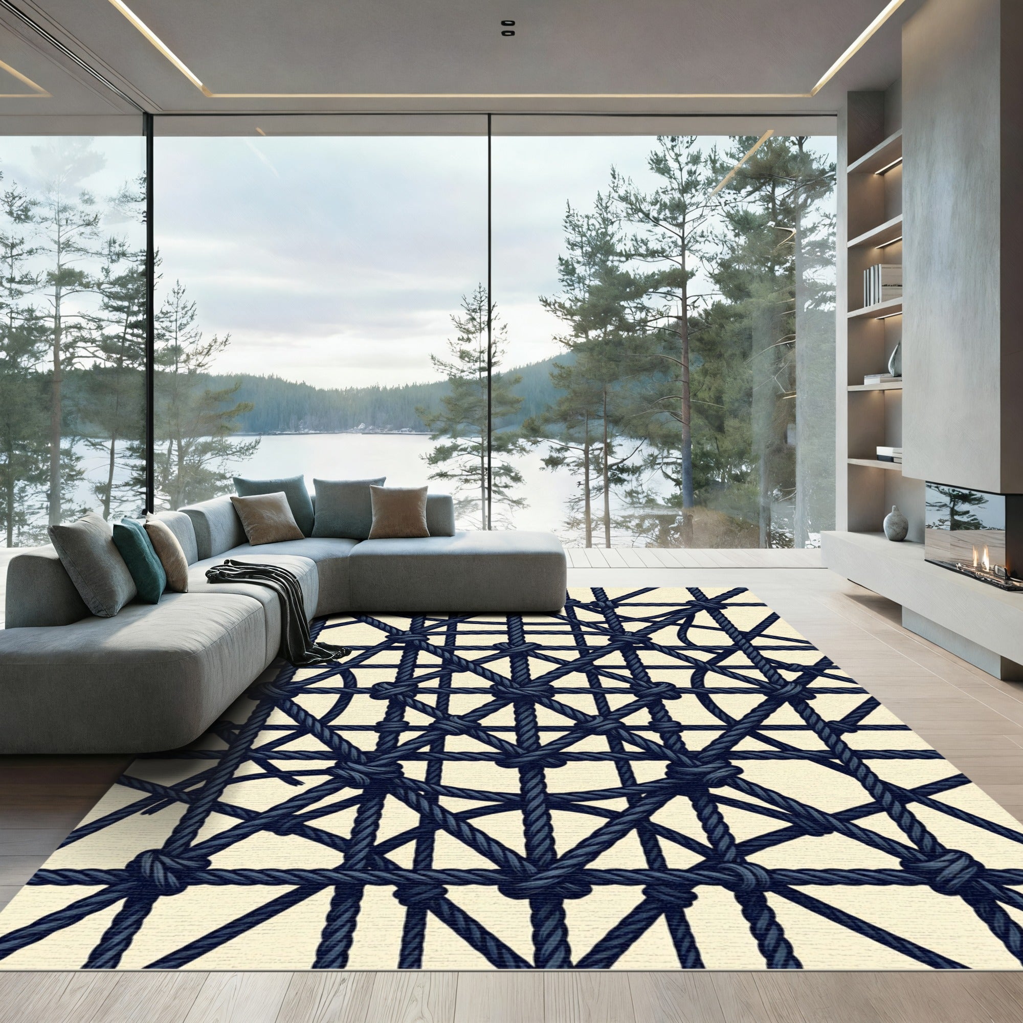 Navy Rope Netting Abstract Composition Rug