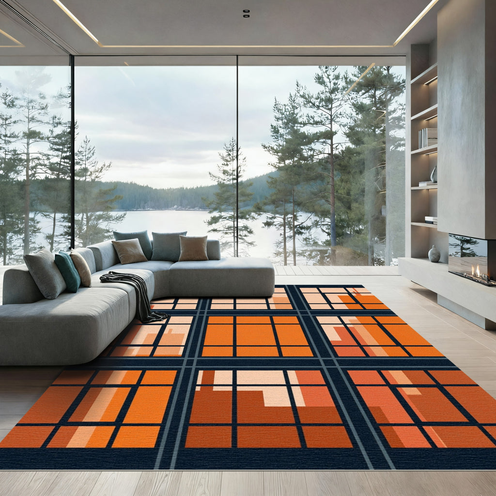 Modern Geometric Sunset Orange Grid Rug