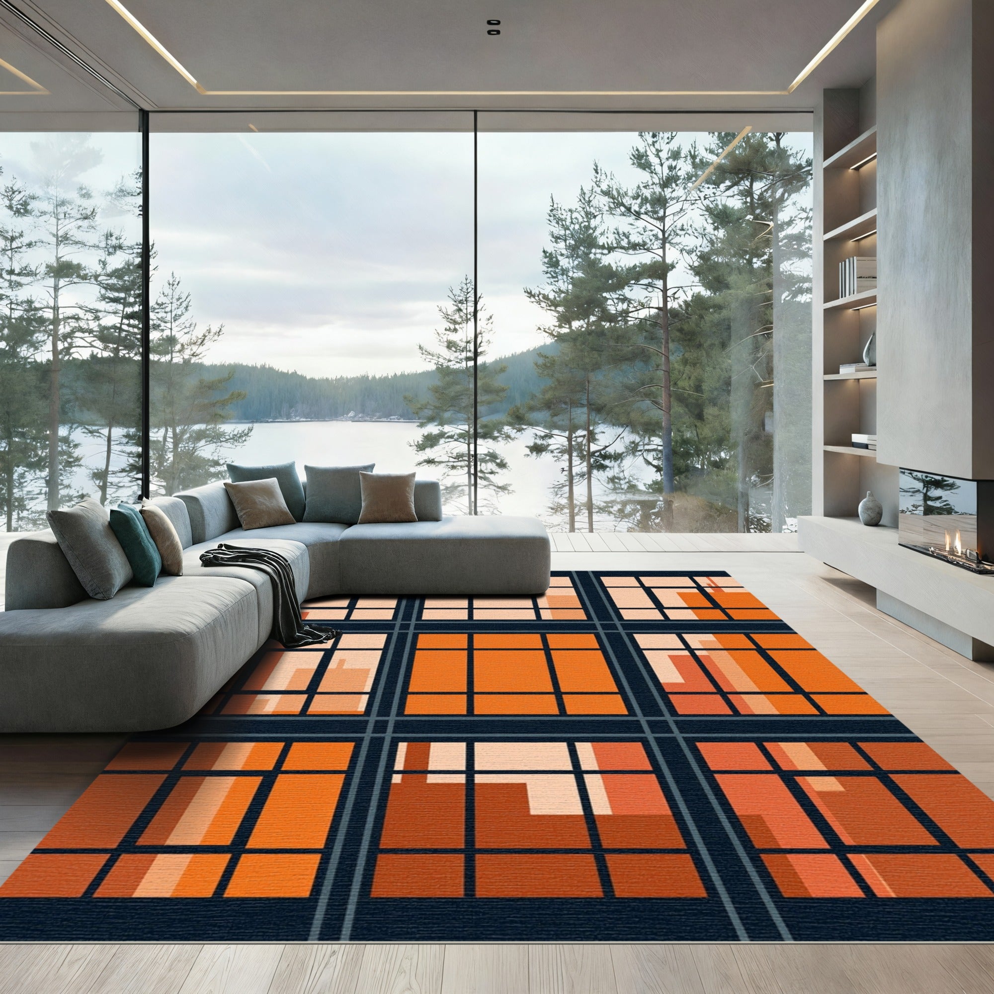 Modern Geometric Sunset Orange Grid Rug