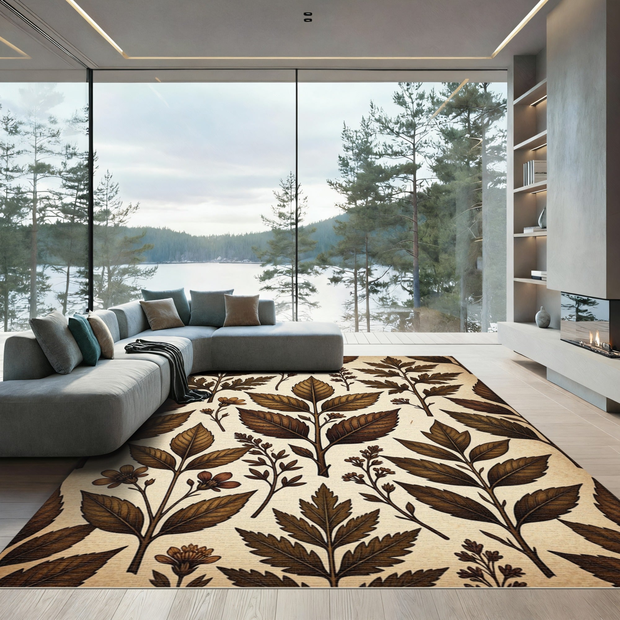 Antique Sepia Foliage Floral Arrangement Rug