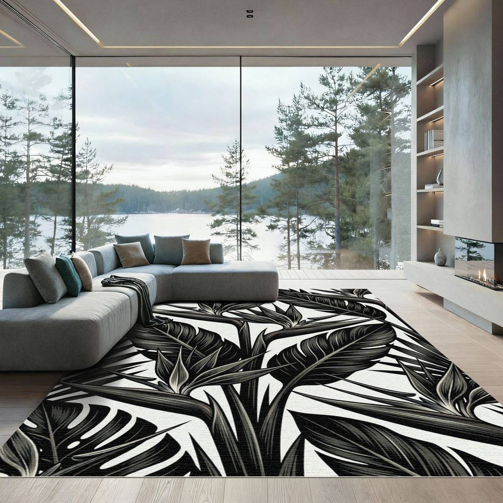 Dark Tropical Bird of Paradise Floral Rug