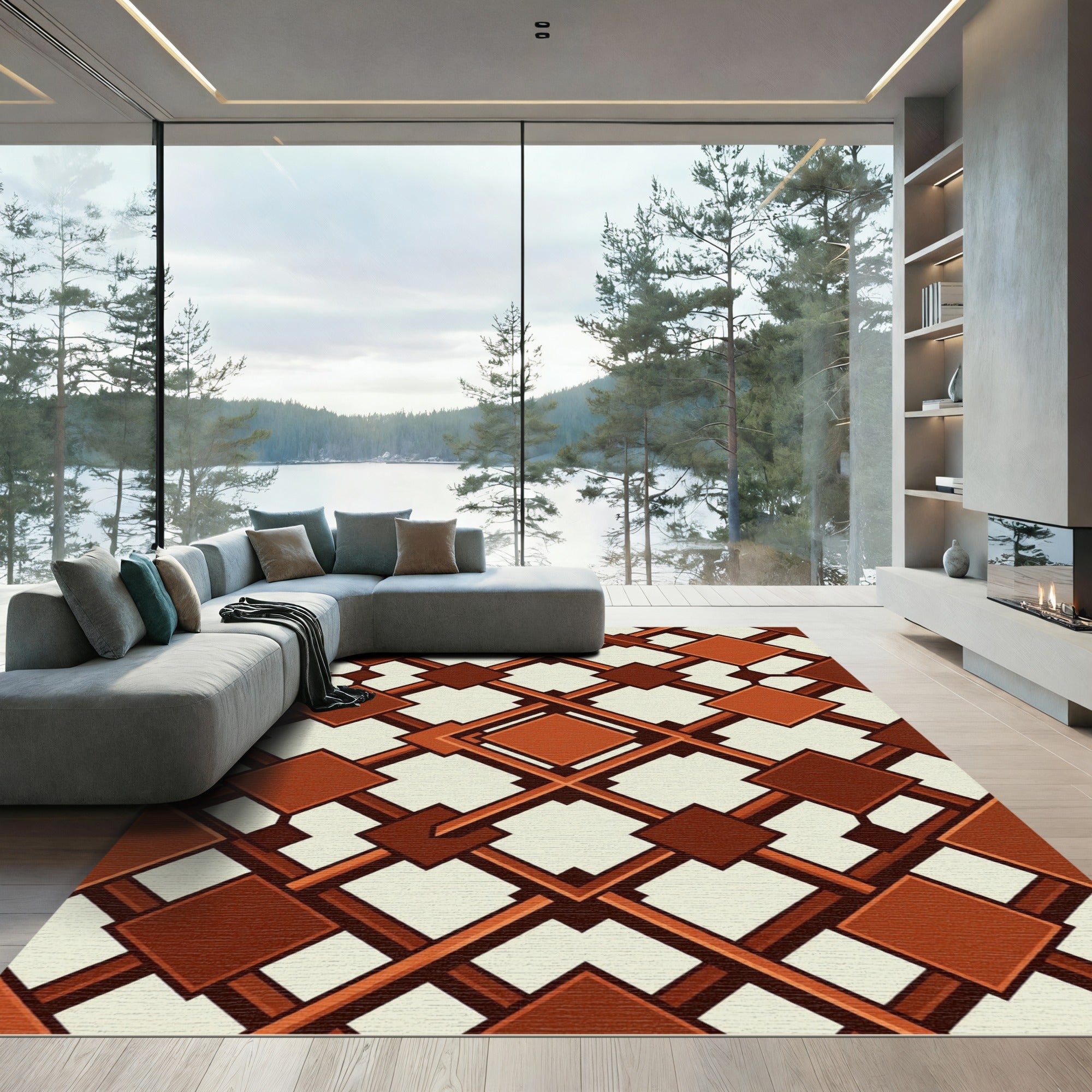 Geometric Interlocking Diamond Terracotta Rug