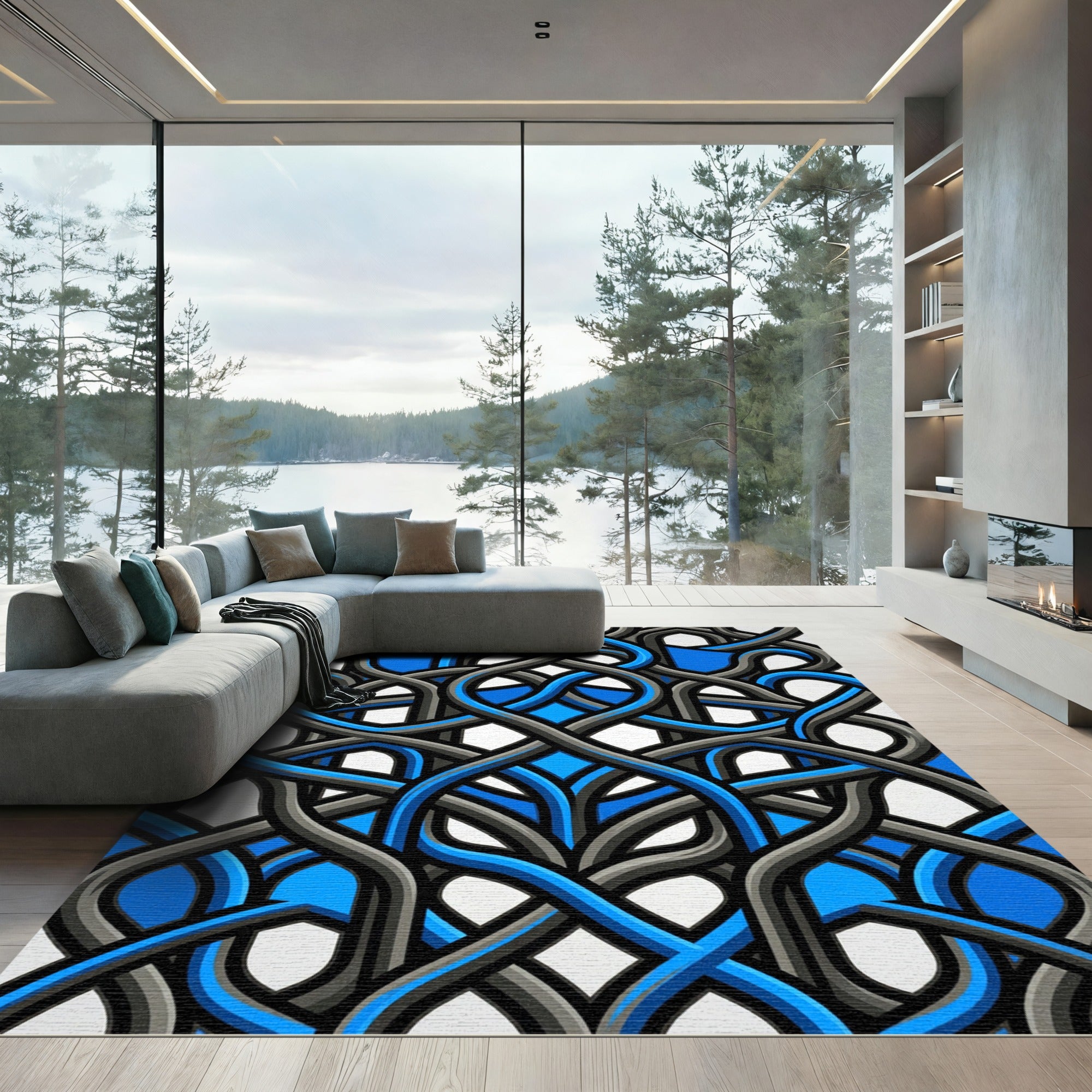 Navy and Charcoal Interlocking Woven Curvature Rug