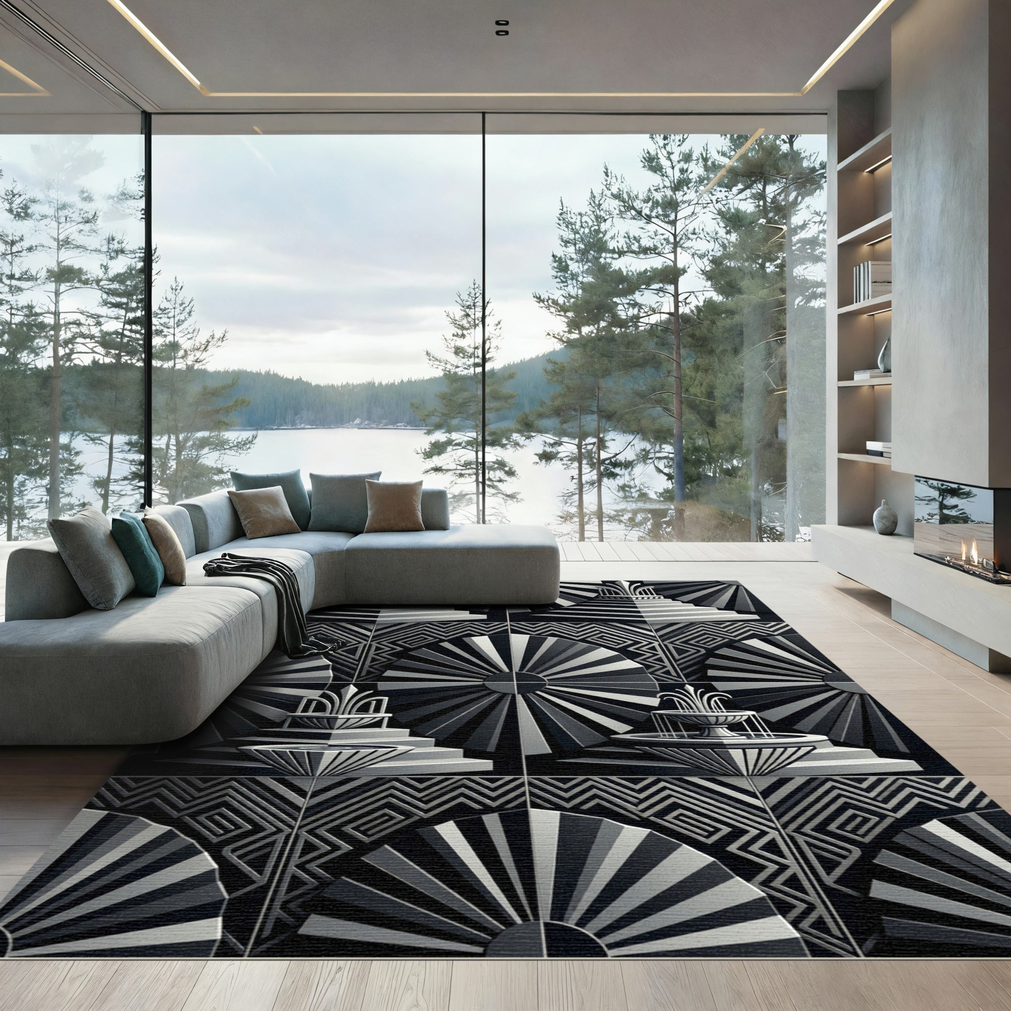 Monochrome Art Deco Fountain Fan Rug