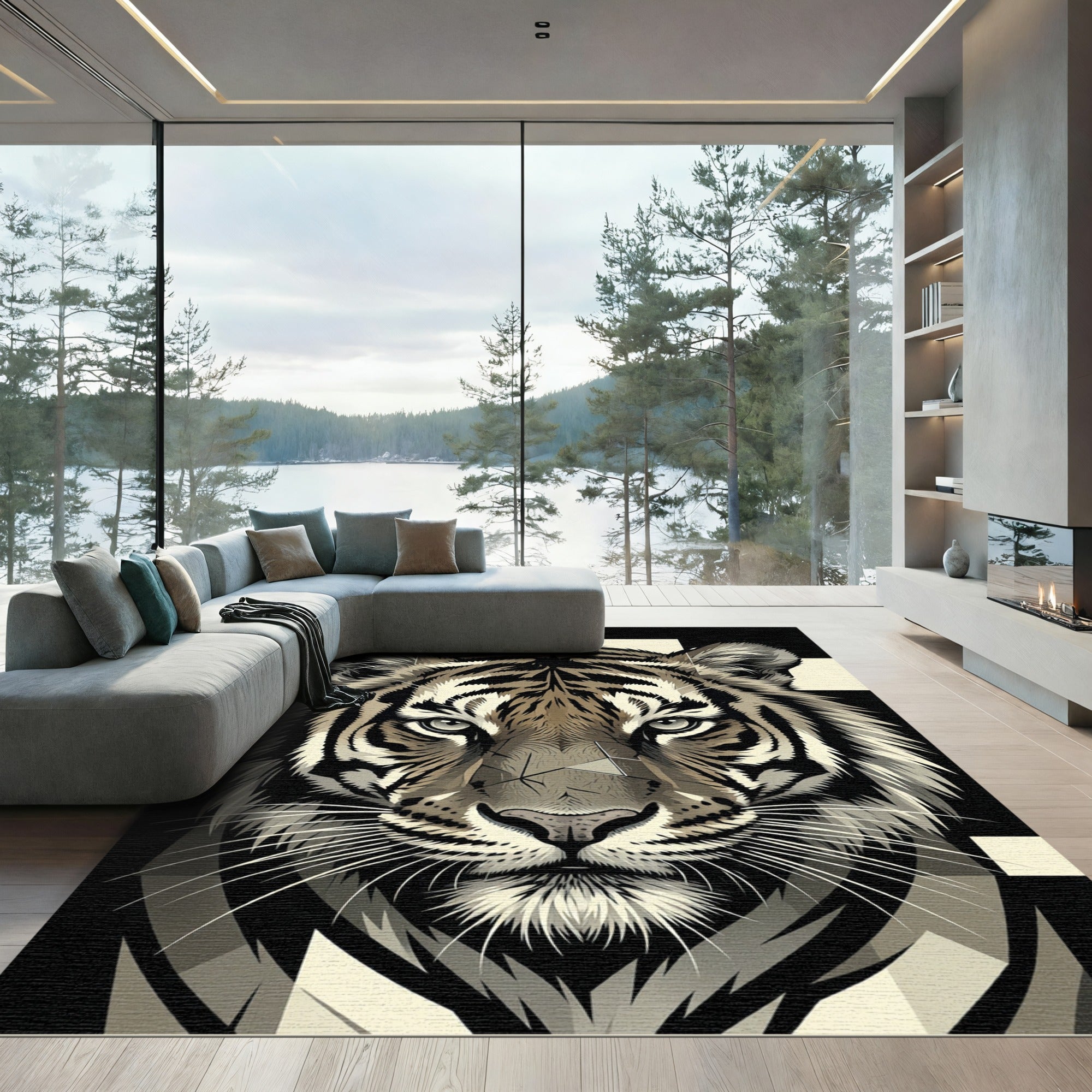 Bold Monochrome Tiger Face Rug