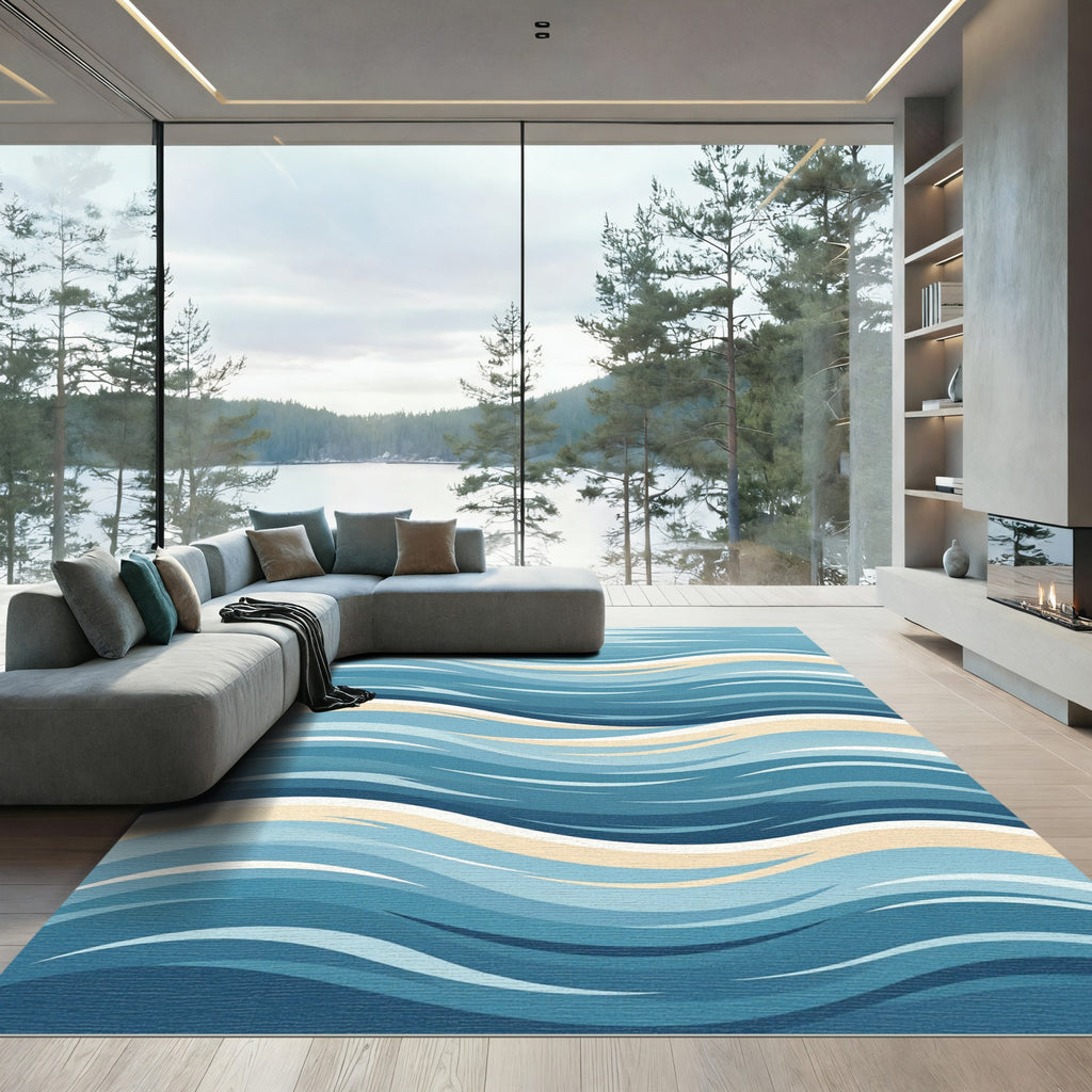 Ocean Blue Wave Stripe Rug