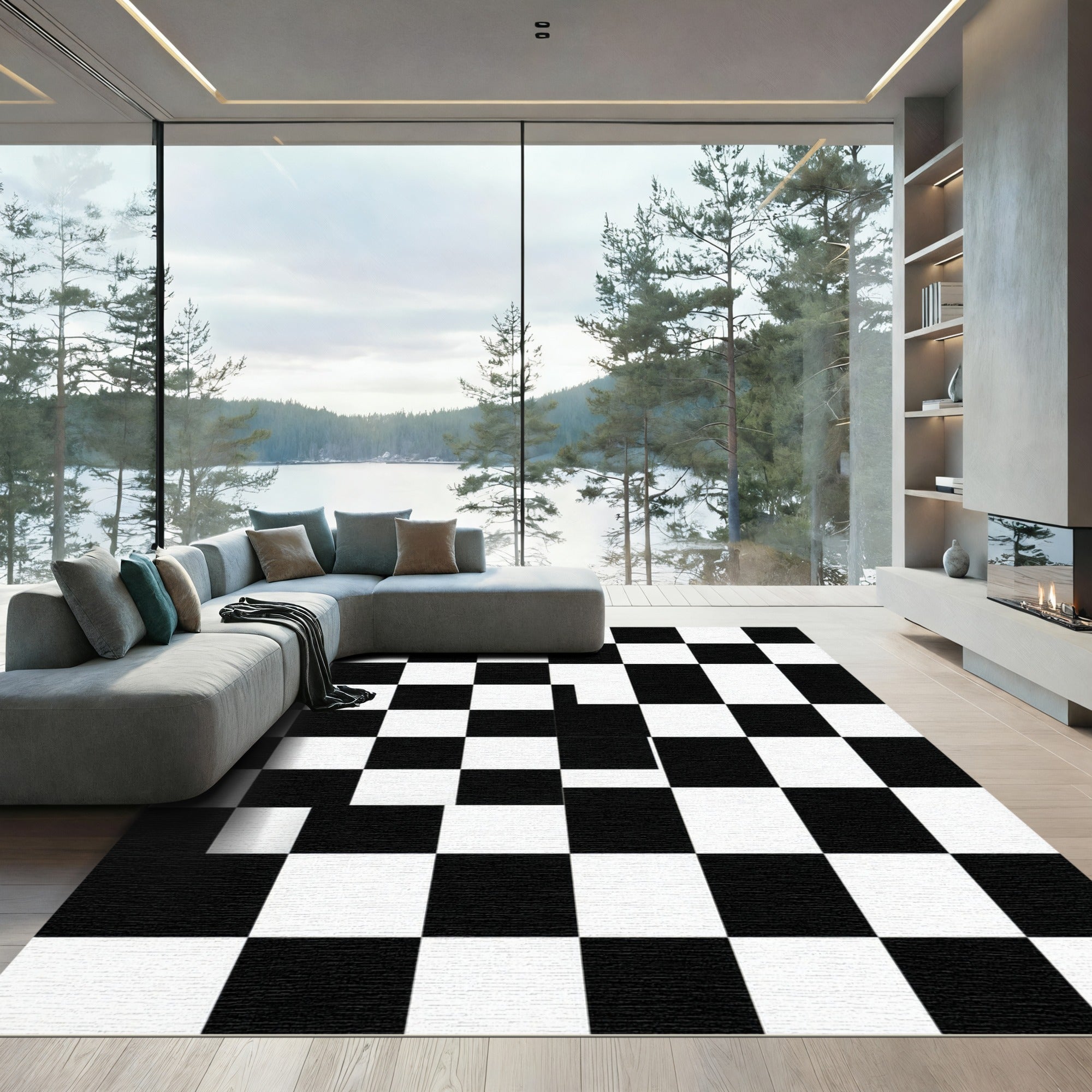 Bold Black and White Checkered Grid Rug