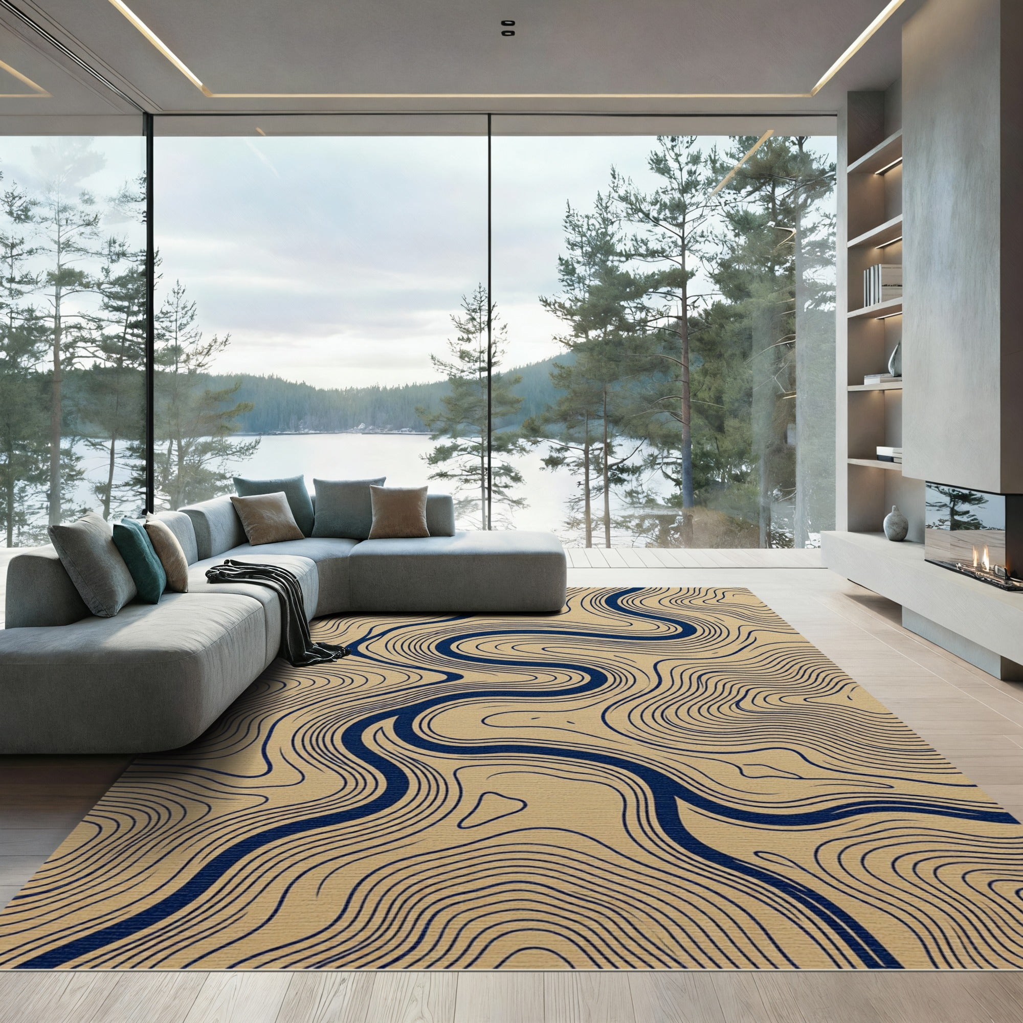 Modern Navy and Sand Topographic Line Rug