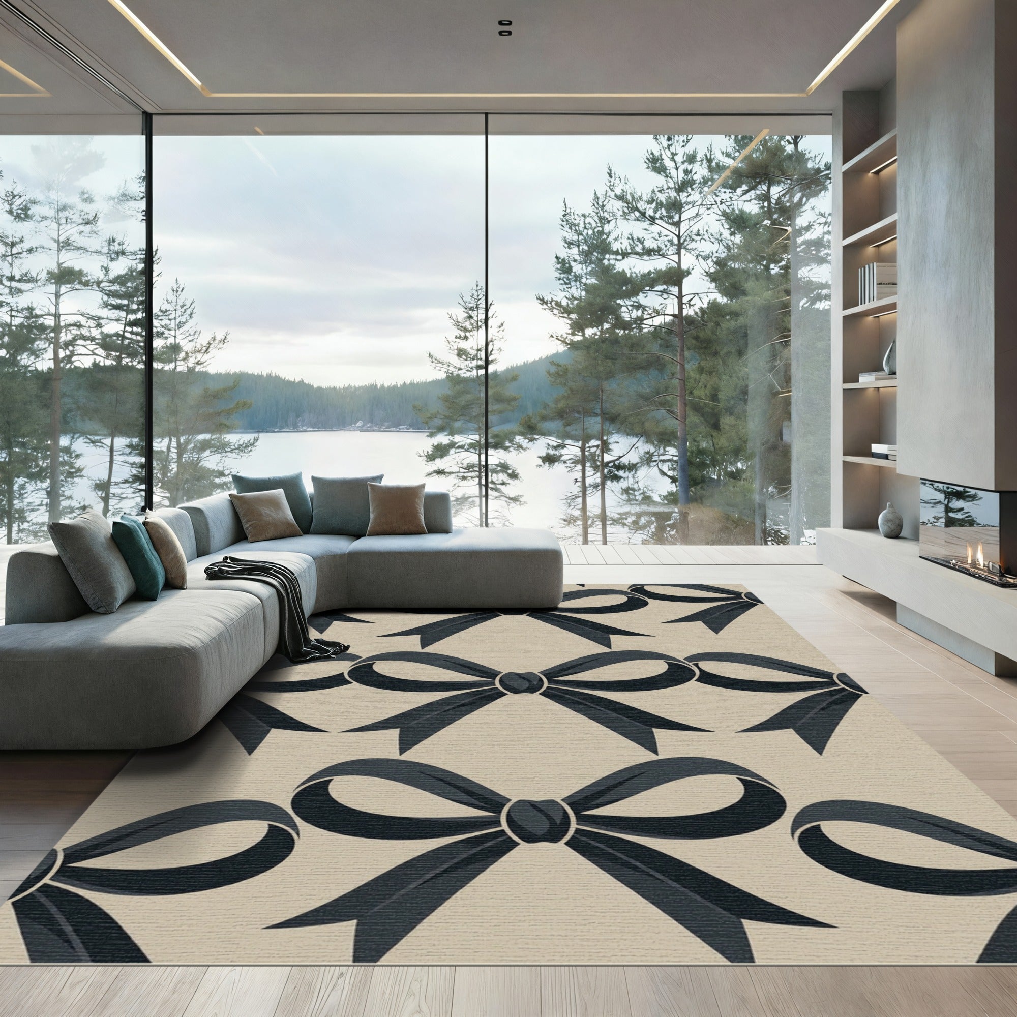 Elegant Charcoal Ribbon Bow Neutral Wallpaper Rug