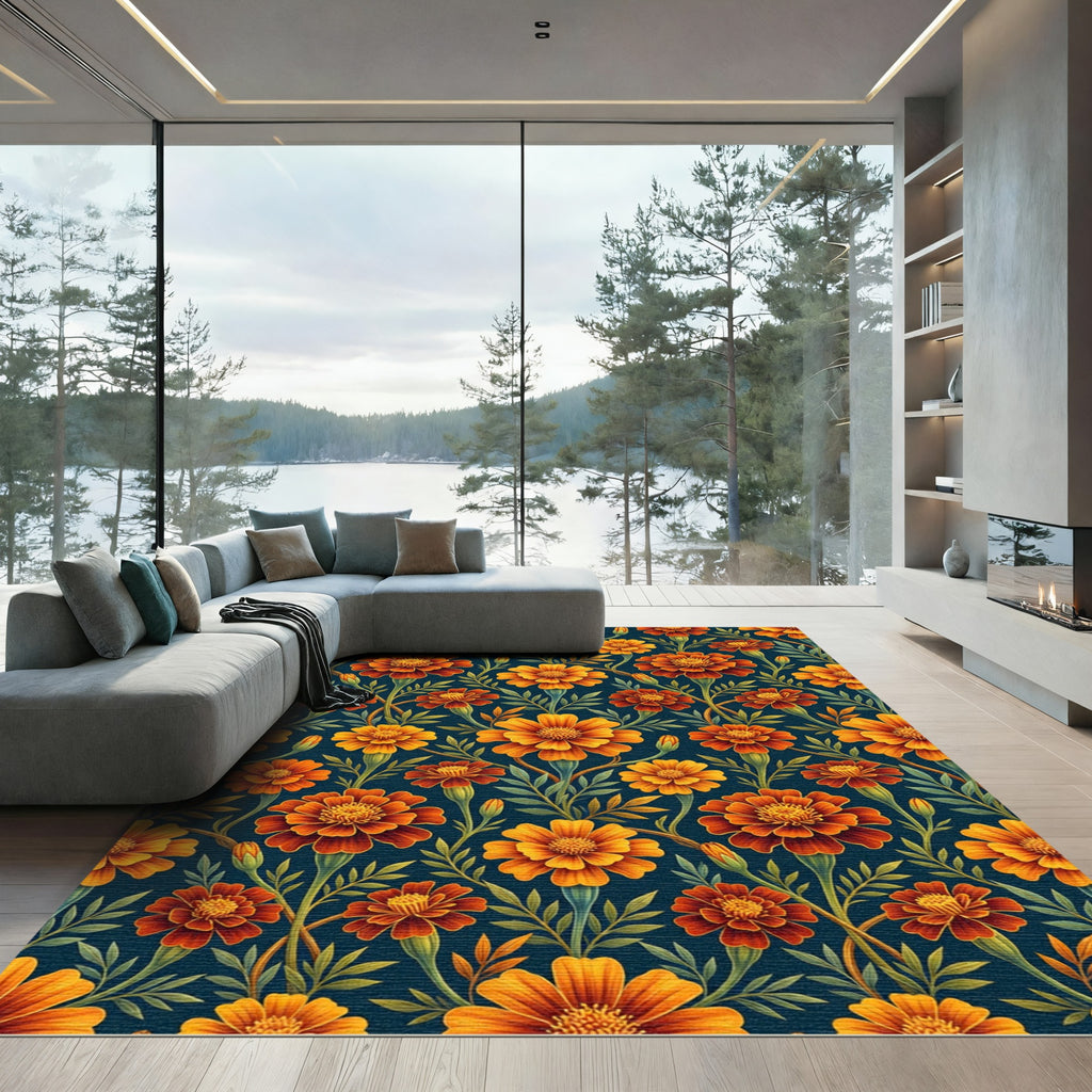 Fiery Orange Marigold Floral Garland Rug