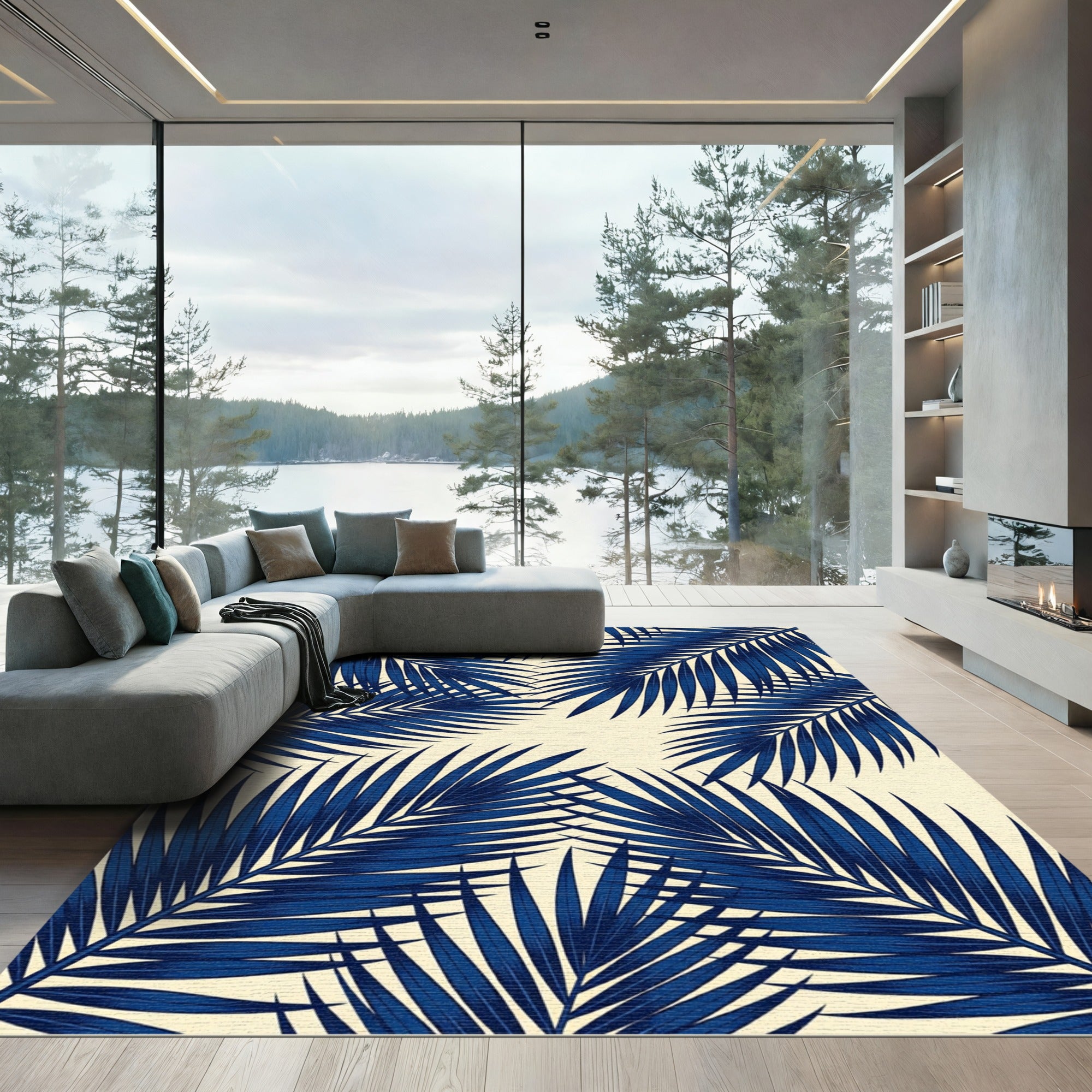 Deep Blue Palm Frond Foliage Rug