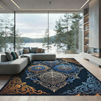 Elegant Blue Golden Ornate Medallion Rug