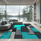 Modern Geometric Teal and Charcoal Blocks Rug
