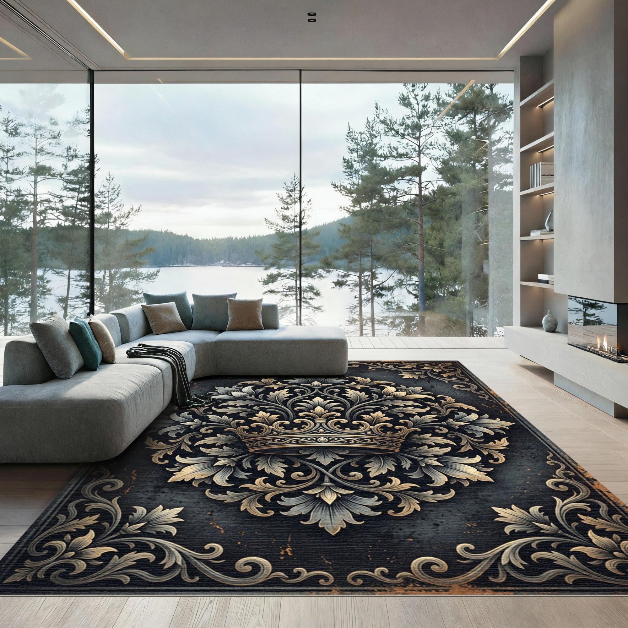 Ornate Royal Crown Gold Floral Medallion Rug